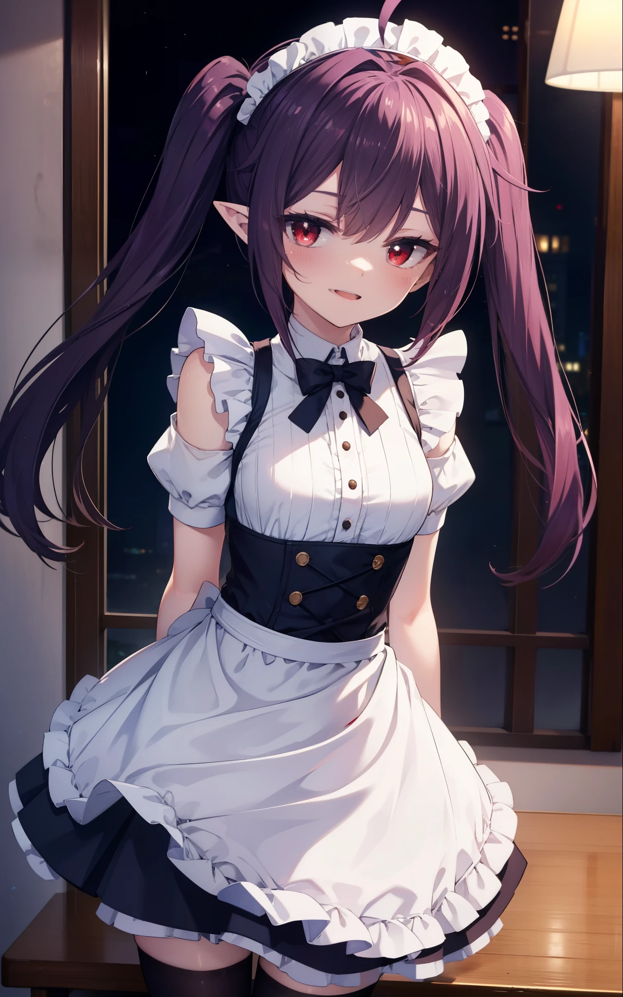 yuukikonno, Yuki Konno, hair band, long hair, pointy ears, purple hair, (red eyes:1.5), (small breasts:1.2),Ahoge,face tilted to one side, twin tails,Open your mouth and smile happy, smile, open your mouth,blush,she was wearing a maid skirt, black stockings on her legs, I&#39;m back with both arms behind one.,lean forward,peek from above,bare shoulders,Cute standing figure,night,moonlight,
break looking at viewer, Upper body, whole body,
break indoors, Bedroom,
break (masterpiece:1.2), highest quality, High resolution, unity 8k wallpaper, (shape:0.8), (fine and beautiful eyes:1.6), highly detailed face, perfect lighting, Very detailed CG, (perfect hands, perfect anatomy),