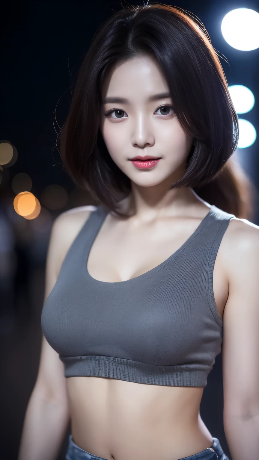 Realistic photos of (1 cute Korean star) antenna hair thin makeup, slightly smile, 32 inch breasts size,wearing gray crop top, shorts, walking around the city, night, close-up portrait, UHD