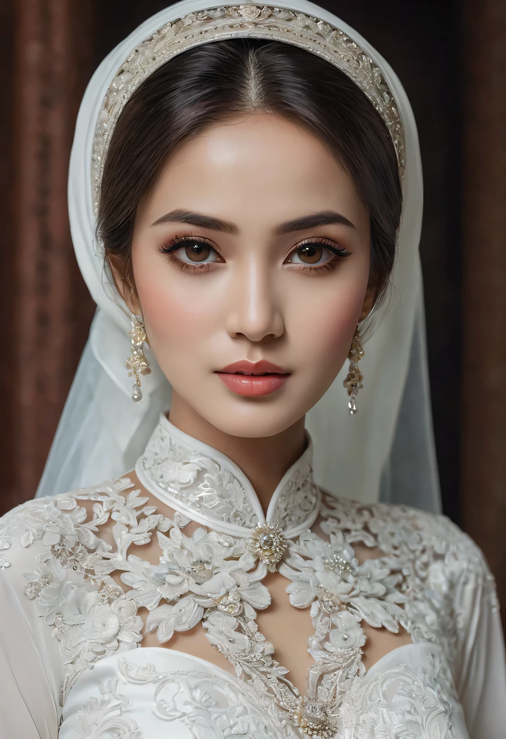 Woman with intricate hair ornament wearing a white hijab dress in modern Indonesia wedding, ultra realistic,32k,intricate details, sharp focus, realistic, closed, black eyes, jewelr, lips, realistic, looking_at_viewer, irene1, wet skin, shiny skin, long sleeves, indonesian muslim clothes, hijab, sunda, sundanese, wedding, dynamic pose,((red kebaya)),full body,curvy body,long hair,beauty face,cowboy shot,