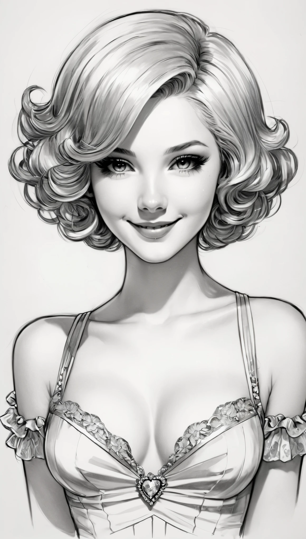 (pencil_sketch:1.2, messy lines, Grayscale, traditional media, sketch),(full body portrait:1.8),Colored inner hair, hair intake, hairpin, There is a mole under the eye, sweetheart collar, cosmetic, Smile, Art Deco, rococo style, high detail, concept art, On Art, Chromatic aberration abuse, rounded corners, Caustics, Diffraction peaks, ultra high definition, Super details, high details, high quality, High resolution, 16K