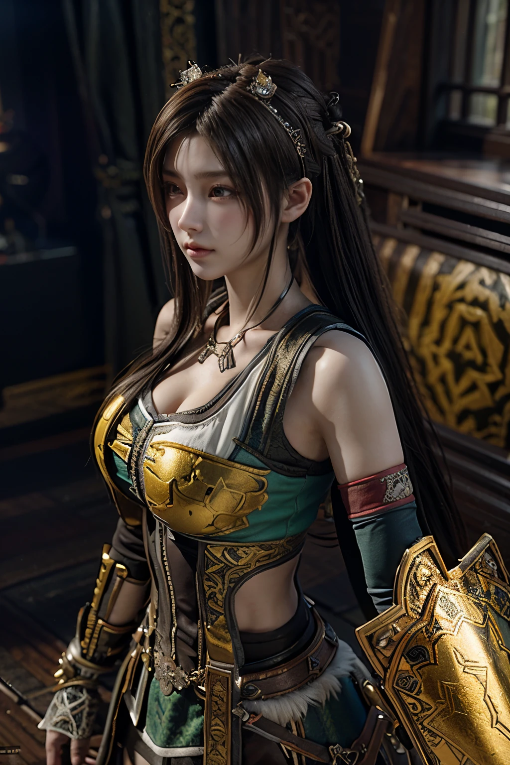 Game art，The best picture quality，Highest resolution，8K，(A bust photograph)，(Portrait)，(Head close-up)，(Rule of thirds)，Unreal Engine 5 rendering works， (The Girl of the Future)，(Female Warrior)， 
20-year-old girl，((Hunter))，An eye rich in detail，(Big breasts)，Elegant and noble，indifferent，brave，
（Medieval-style fur combat clothing，Glowing magic lines，Animal skin clothing with rich details），Medieval Lady Knight，Medieval ranger，
photo poses，simple background，Movie lights，Ray tracing，Game CG，((3D Unreal Engine))，OC rendering reflection pattern