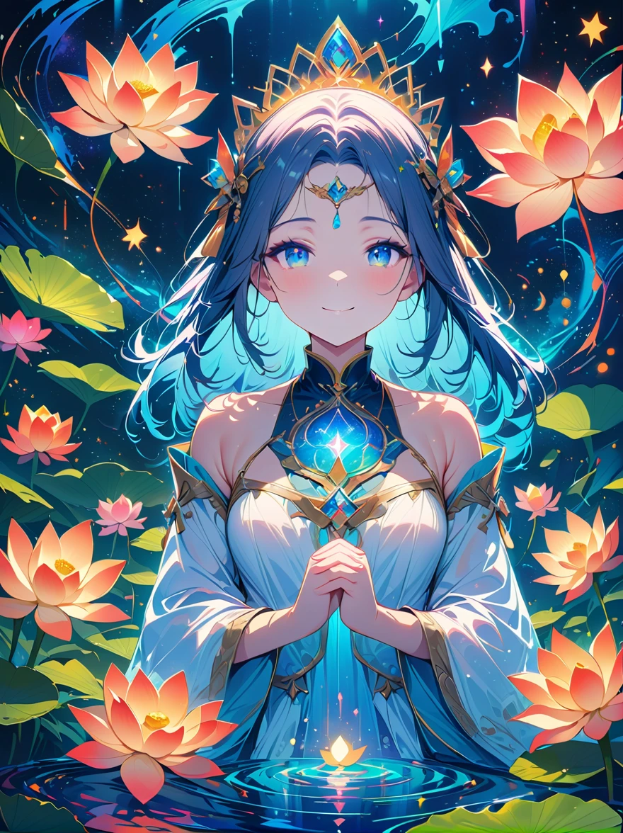 top quality,masterpiece:1.2,detailed details,Flashing Hanfu girl,beautiful young goddess,smile softly,She clasped her hands together,Prayer and meditation,She is wearing a white dress,Stars twinkling in the blue night sky,you sit on a lotus,In a fantastic atmosphere,Feel as if you are one with the universe,actual,neon lights,(Liquid light background),(Cowboy shooting:1.9),(ultra high definition, masterpiece, precise, anatomically correct, textured skin, Super details, high detail, Award-winning, best quality, 8K)