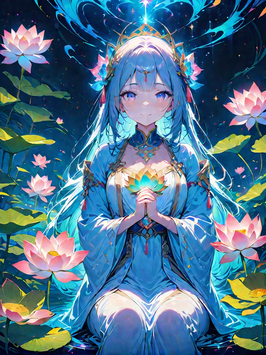 top quality,masterpiece:1.2,detailed details,Flashing Hanfu girl,beautiful young goddess,smile softly,She clasped her hands together,Prayer and meditation,She is wearing a white dress,Stars twinkling in the blue night sky,you sit on a lotus,In a fantastic atmosphere,Feel as if you are one with the universe,actual,neon lights,(Liquid light background),(Cowboy shooting:1.9),(ultra high definition, masterpiece, precise, anatomically correct, textured skin, Super details, high detail, Award-winning, best quality, 8K)
