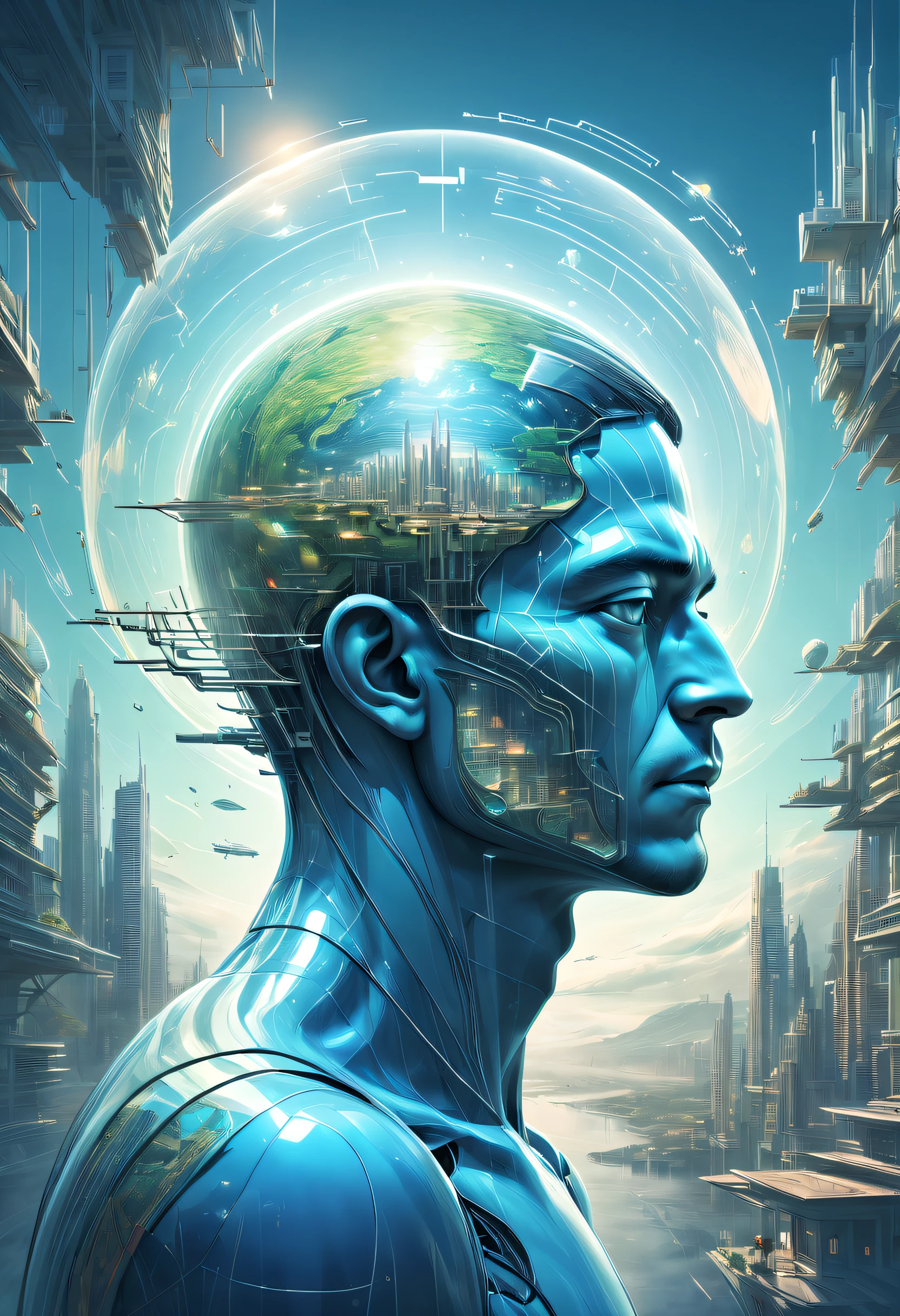 Estilo Dubrec,Avatar de pessoa transparente,Visionary image of a future utopian world,(Multiple exposure:1.8),Complex illustrations in surrealist art style,Sonhos surreais,Future utopian world dream