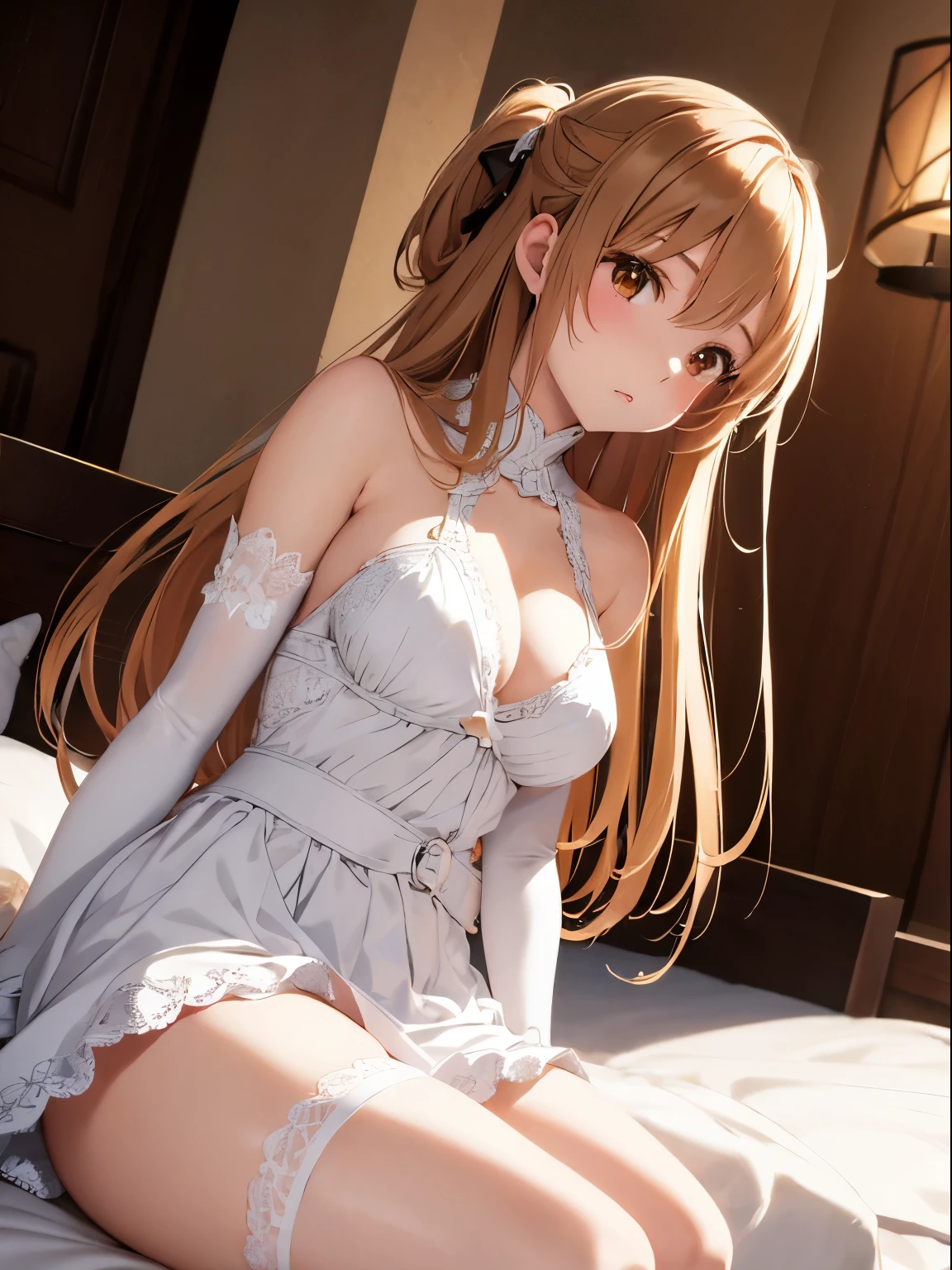 Asuna Yuki, beautiful anime style woman, highest quality, perfect anatomy, super detailed, 1 girl, alone, chest, sports body, good hand, good legs, good knees, near sky, performer, long hair, medium chest, looking at the viewer, Happy, bangs, brown hair, thighs thighs thighs, gloves, dress, cleavage, bare shoulders, brown eyes, とてもlong hair, cross your legs, 白いgloves, White dress, armor, white thighs, garter strap, White armor,skirt lift, white lace panties,on the bed,Close-up、