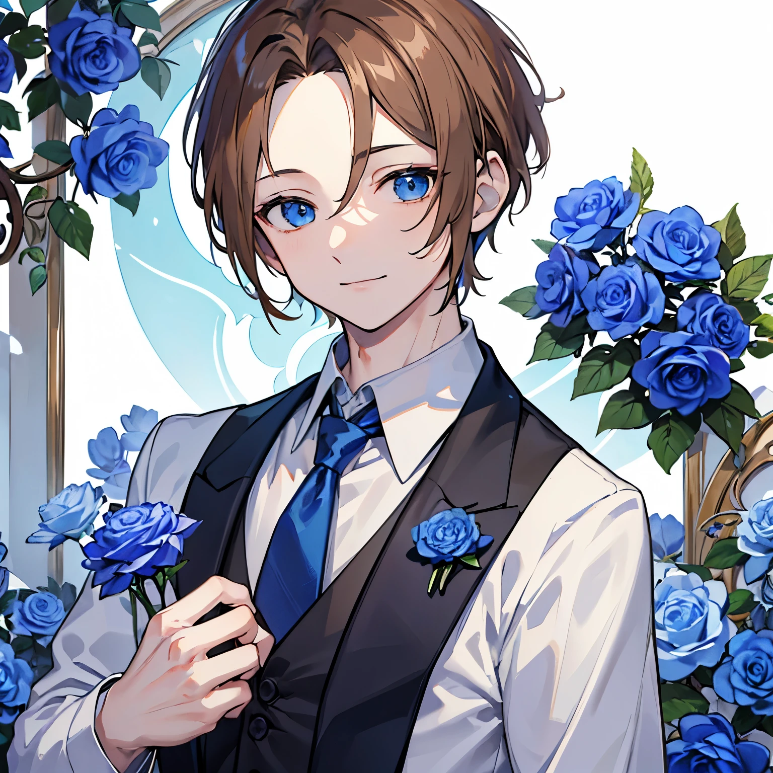 （masterpiece、４K、detailed）A cool male merchant dressed in a suit、（light brown hair、All back with forehead sticking out、Alone、close up of face、Upper body、looking at the camera、blue eyes、innocent smile）The background is filled with blue flowers