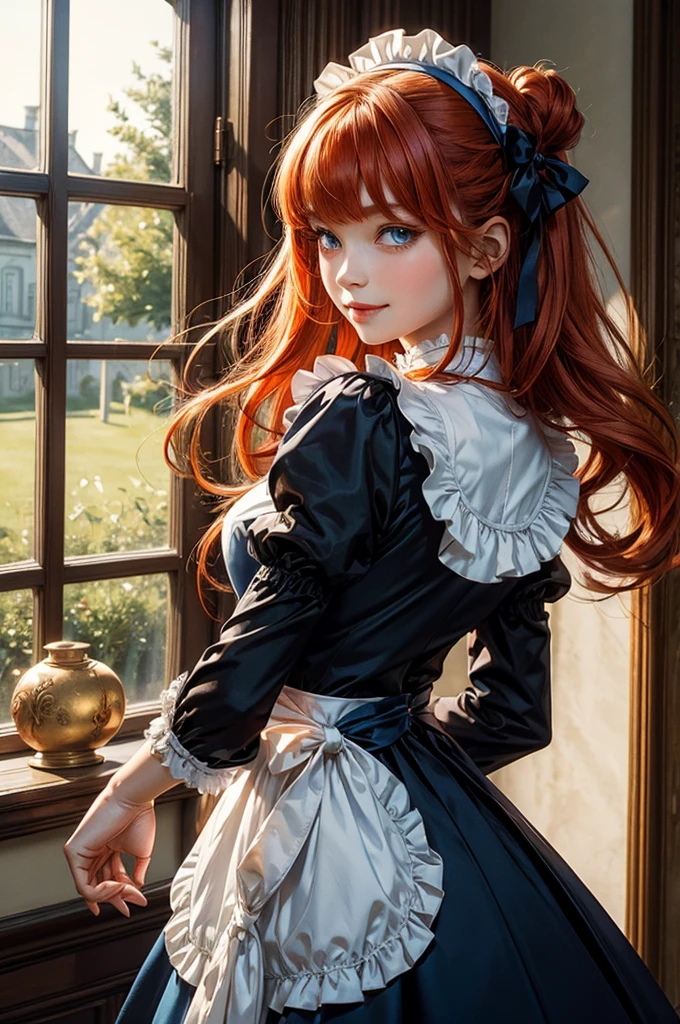 masterpiece,best quality,anime,(2d:1.2),indoors, , 1girl, roswaal mansion maid uniform, solo, maid, cyan blue eyes,long hair,bow hairband, hair between eyes, detached sleeves, looking at viewer, red hairband,ribbon, bangs, looking back, bow, orange hair,red ribbon, black sleeves, window, long sleeves, apron, white bow, frills,ribbon trim,light smile, own hands together,