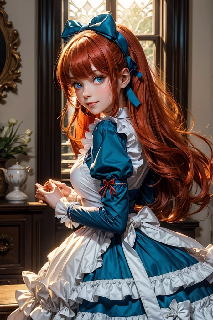 masterpiece,best quality,anime,(2d:1.2),indoors, , 1girl, roswaal mansion maid uniform, solo, maid, cyan blue eyes,long hair,bow hairband, hair between eyes, detached sleeves, looking at viewer, red hairband,ribbon, bangs, looking back, bow, orange hair,red ribbon, black sleeves, window, long sleeves, apron, white bow, frills,ribbon trim,light smile, own hands together,
