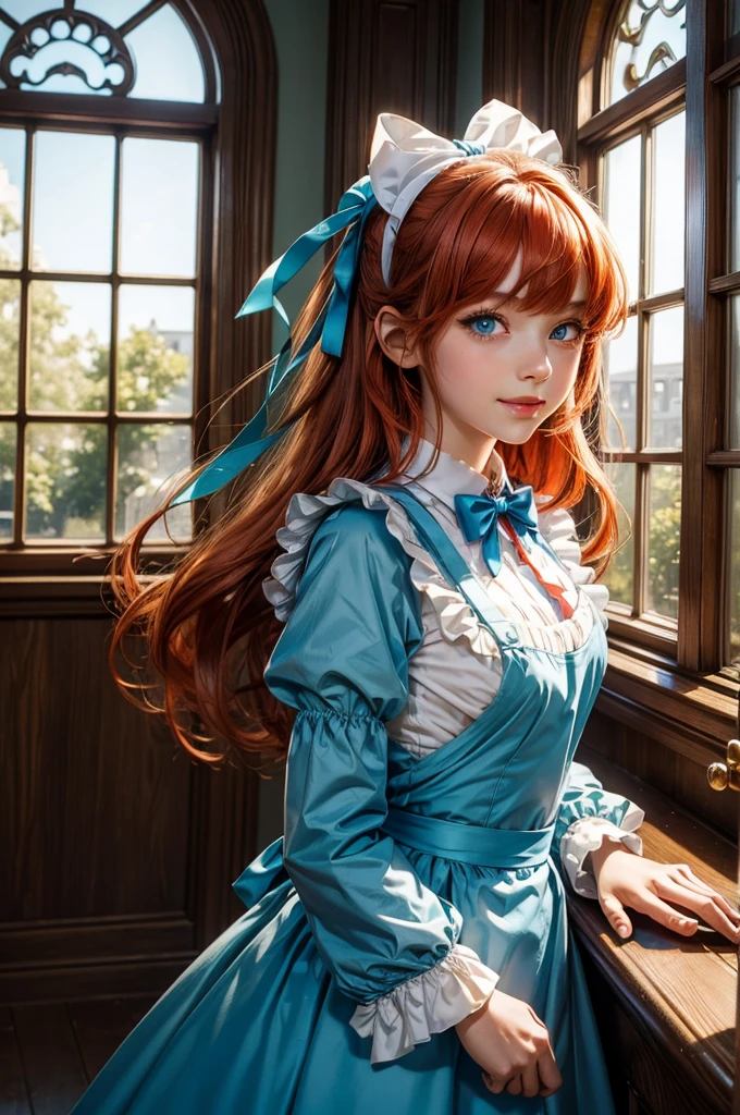 masterpiece,best quality,anime,(2d:1.2),indoors, , 1girl, roswaal mansion maid uniform, solo, maid, cyan blue eyes,long hair,bow hairband, hair between eyes, detached sleeves, looking at viewer, red hairband,ribbon, bangs, looking back, bow, orange hair,red ribbon, black sleeves, window, long sleeves, apron, white bow, frills,ribbon trim,light smile, own hands together,