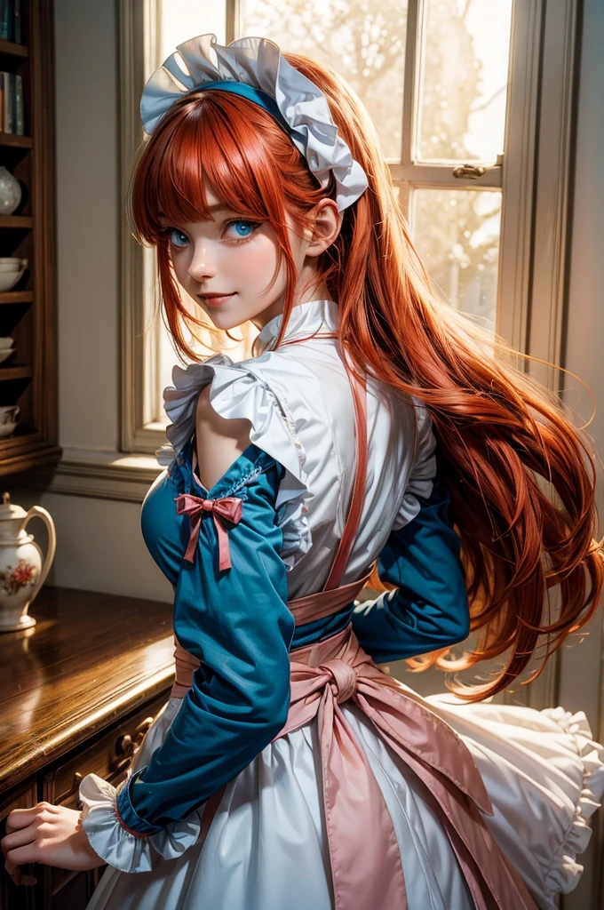 masterpiece,best quality,anime,(2d:1.2),indoors, , 1girl, roswaal mansion maid uniform, solo, maid, cyan blue eyes,long hair,bow hairband, hair between eyes, detached sleeves, looking at viewer, red hairband,ribbon, bangs, looking back, bow, orange hair,red ribbon, black sleeves, window, long sleeves, apron, white bow, frills,ribbon trim,light smile, own hands together,