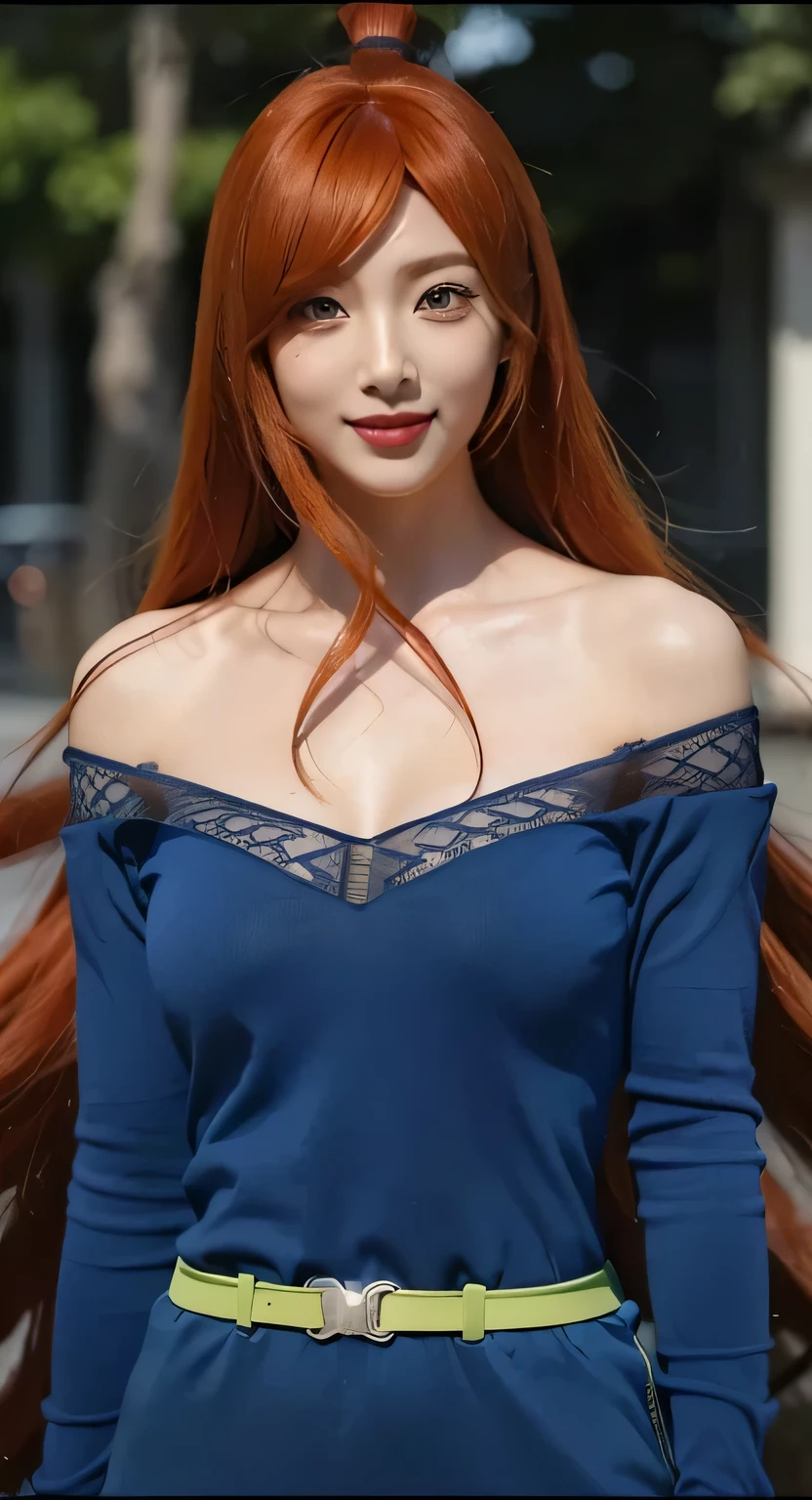 (female,anime,Anime Shippuden,Mei Terumi:1.1),(long hair,orange hair),(green eyes,beautiful detailed eyes,realistic eyes:1.1),(smile,beautiful detailed smile:1.1),(blue clothes,realistic clothes),(city background,urban scenery),(ultra detail,extremely detailed:1.2),(realistic,photorealistic:1.37),(red lips,vivid red lips)