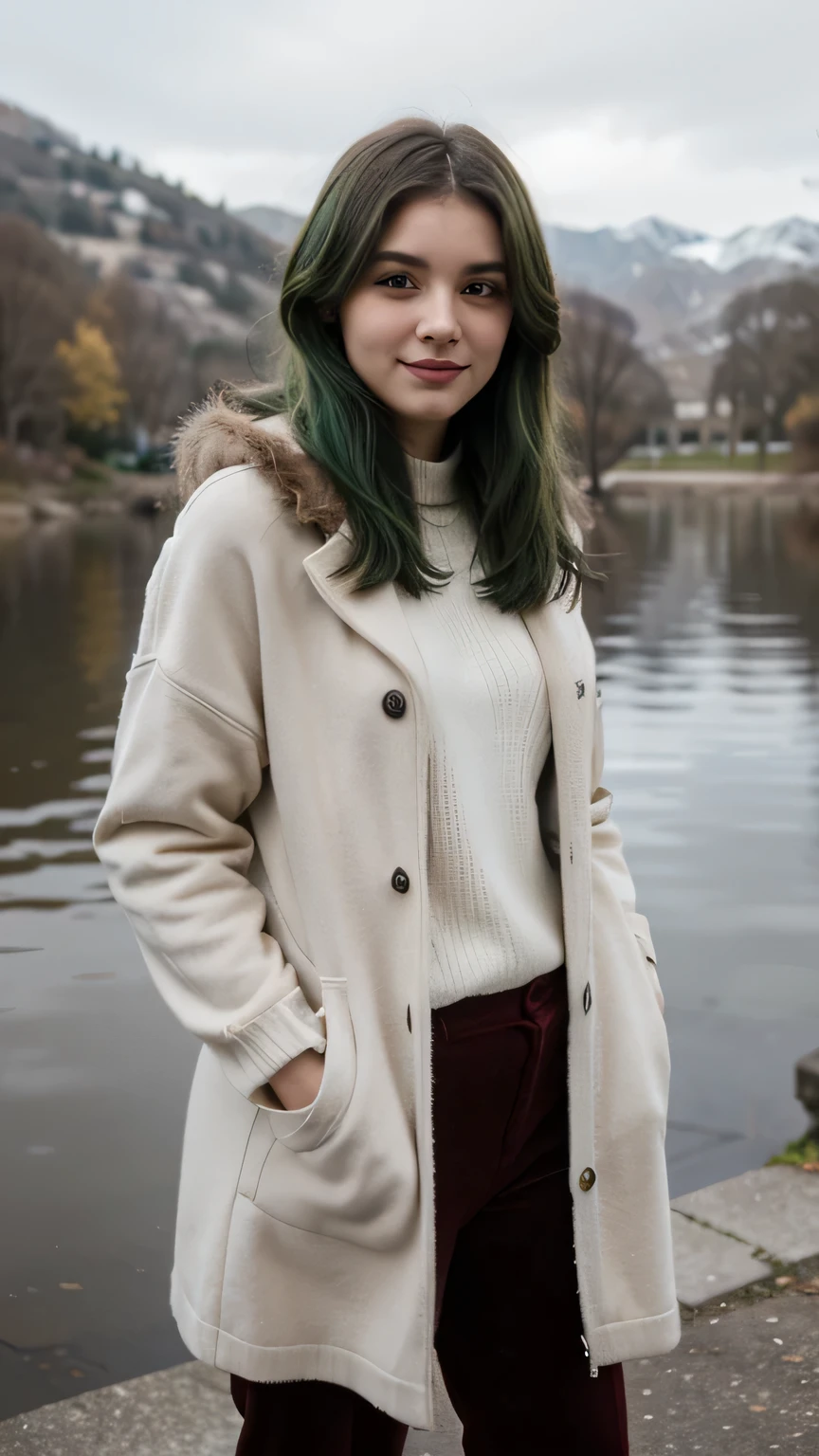 1girls, Nur, green Hair , 24 years old , A cream-colored coat with fur details , Beige knit dress , Burgundy velvet trousers , Oversized sweater , Bere ve eldiven , Slight smile , Stylish and warm , Freezing lake 