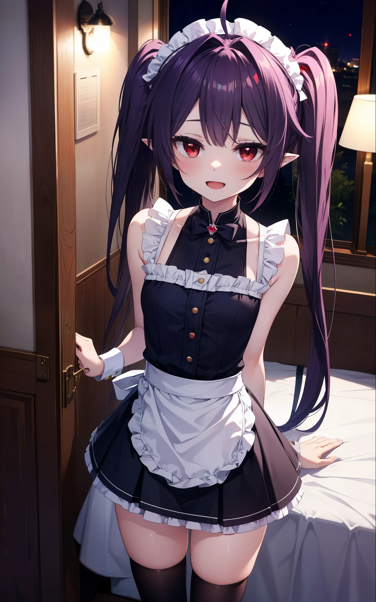 yuukikonno, Yuki Konno, hair band, long hair, pointy ears, purple hair, (red eyes:1.5), (small breasts:1.2),Ahoge,face tilted to one side, twin tails,Open your mouth and smile happy, smile, open your mouth,blush,she was wearing a maid skirt, black stockings on her legs, I&#39;m back with both arms behind one.,lean forward,peek from above,bare shoulders,Cute standing figure,night,moonlight,
break looking at viewer, Upper body, whole body,
break indoors, Bedroom,
break (masterpiece:1.2), highest quality, High resolution, unity 8k wallpaper, (shape:0.8), (fine and beautiful eyes:1.6), highly detailed face, perfect lighting, Very detailed CG, (perfect hands, perfect anatomy),