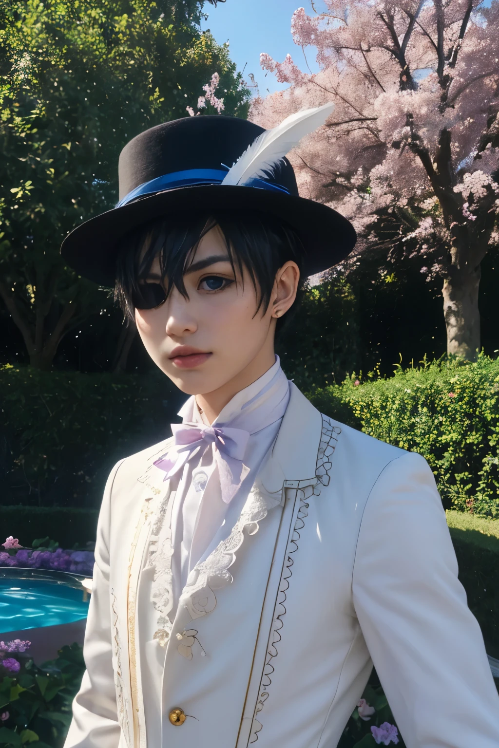 (highest quality,4k,8K,High resolution,masterpiece:1.2),very detailed,(realistic,realistic Photos,realistic Photos:1.37),portrait,anime,Phantomhive Sky,boy,10 years old,naked,black hair,intense expression,pale skin,Royal Uniform,classic victorian style,stylish clothes,precision sewing,hat with feathers,gold accents,deep blue eyes,purple eyepatch,detailed eyelashes,exquisite features,serious expression,confident attitude,standing in a magnificent garden,pruned hedge,decorative stone statue,elaborate fountain,roses blooming,soft natural light,Dramatic Shades,hidden lens shine,Bright colors,Rich color scheme,Royal purple,Royal Blue,Delicate pastel colors,Gentle sunlight shining through the leaves.