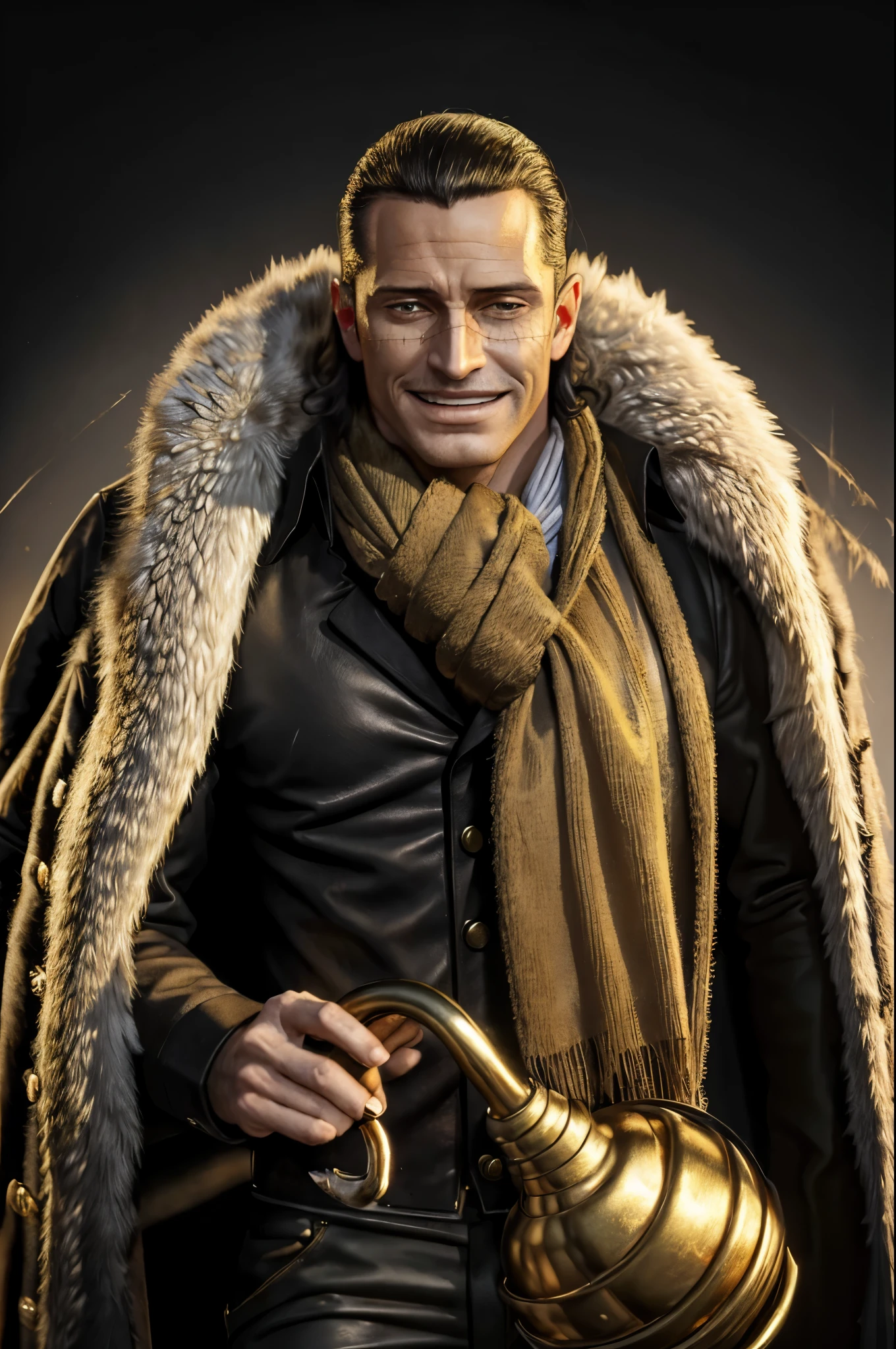 masterpiece, best quality, extremely detailed, hyperrealistic, photorealistic, a cool 40s man, ultra detailed face:1.2, fur-trimmed coat, scarf around the neck, his left hand is a golden pirate hook:1.1, sly smile, white background
