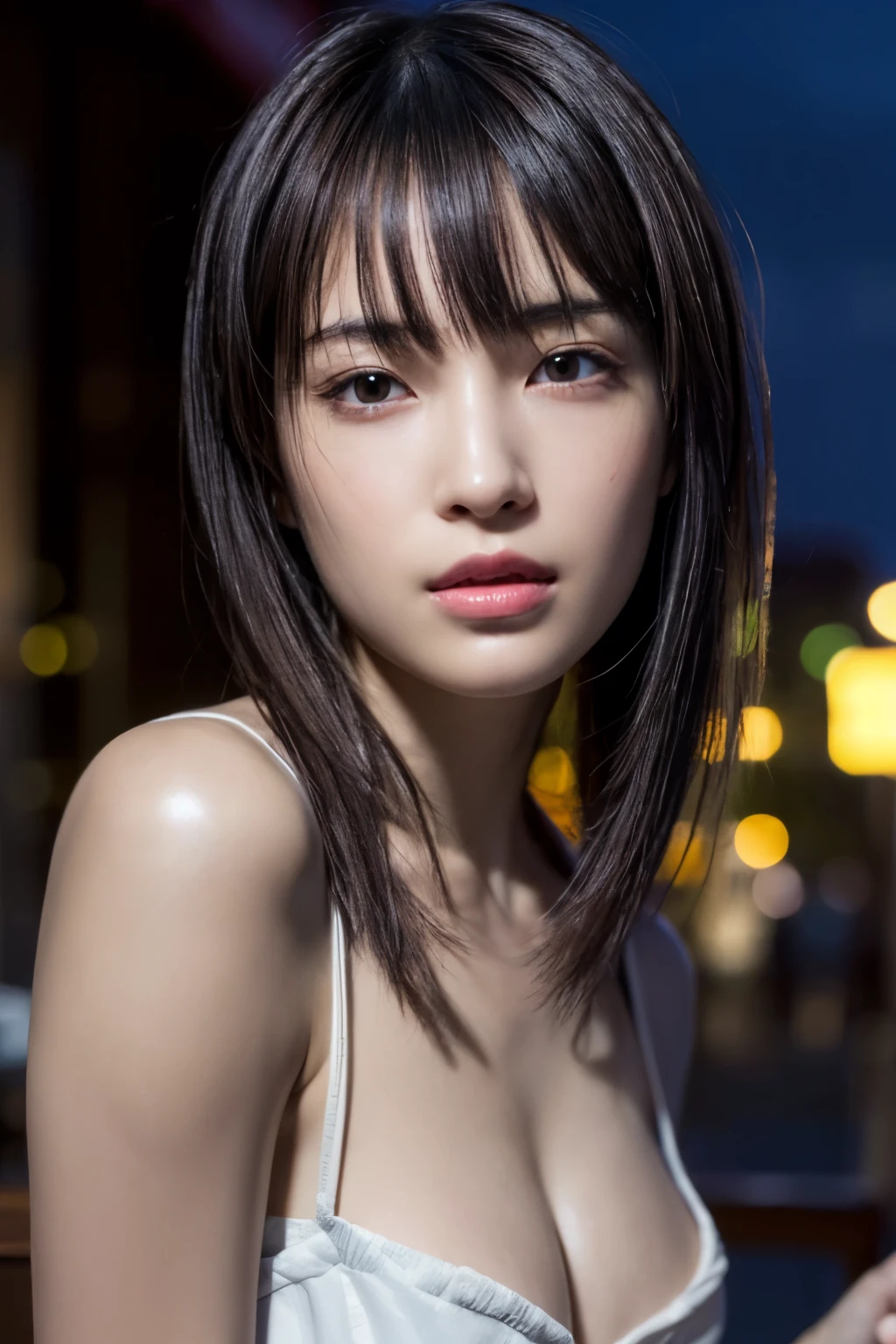 random pose, mix 4, (8K, Raw photo, highest quality, masterpiece: 1.45), (realistic, photorealistic: 1.37), one girl, cute, cityscape, night, rain, wet, professional lighting, photon mapping, radio city, Physically based rendering, gradient black hair, gray hair, short curly hair, good looking, girl, deep v neckline slip dress, pale skin, best quality photos, High resolution, 1080P, (clean face), (Detailed facial description), (Detailed hand explanation), (masterpiece), (Detailed CG), extreme light and shadow, messy hair, master work, Rich details, (detailed facial features), (best quality photos), (masterpiece), (fine eyes), look in front of you, thin clavicle, (big breasts:1.4), (huge breasts:1.4) , (show off your nipples:1.2) , long hair, (naked:1.6) , (Knead:1.5) , (bondage:1.3) , erect nipples