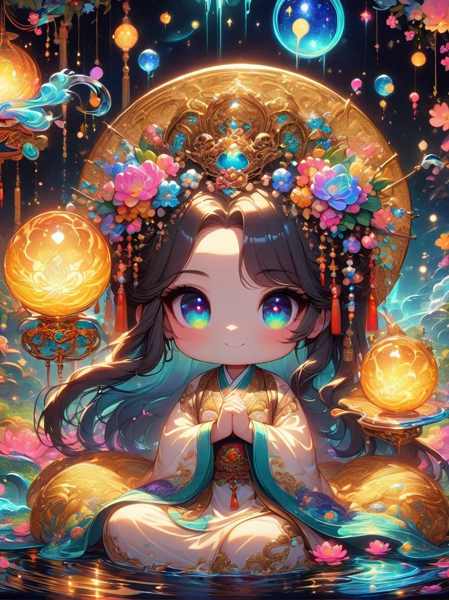 top quality，masterpiece：1.2，detailed details，Flashing Hanfu girl，beautiful young goddess，smile softly，She clasped her hands together，Prayer and meditation，She is wearing a white dress，Stars twinkling in the blue night sky，you sit on a lotus，In a fantastic atmosphere，Feel as if you are one with the universe，actual，neon lights，(Liquid light background)，(Cowboy shooting:1.9)，(ultra high definition, masterpiece, precise, anatomically correct, textured skin, Super details, high detail, Award-winning, best quality, 8K)