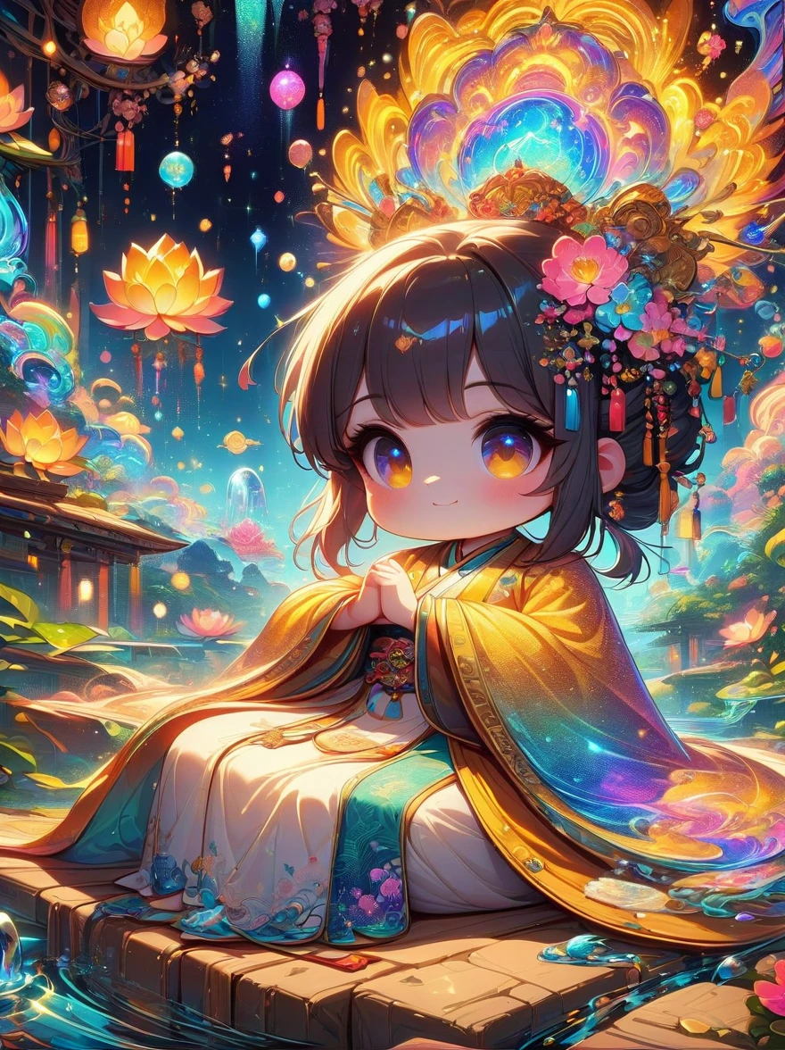 top quality，masterpiece：1.2，detailed details，Flashing Hanfu girl，beautiful young goddess，smile softly，She clasped her hands together，Prayer and meditation，She is wearing a white dress，Stars twinkling in the blue night sky，you sit on a lotus，In a fantastic atmosphere，Feel as if you are one with the universe，actual，neon lights，(Liquid light background)，(Cowboy shooting:1.9)，(ultra high definition, masterpiece, precise, anatomically correct, textured skin, Super details, high detail, Award-winning, best quality, 8K)