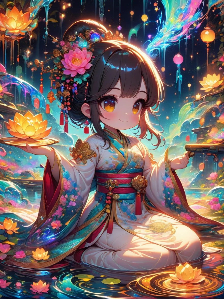 top quality，masterpiece：1.2，detailed details，Flashing Hanfu girl，beautiful young goddess，smile softly，She clasped her hands together，Prayer and meditation，She is wearing a white dress，Stars twinkling in the blue night sky，you sit on a lotus，In a fantastic atmosphere，Feel as if you are one with the universe，actual，neon lights，(Liquid light background)，(Cowboy shooting:1.9)，(ultra high definition, masterpiece, precise, anatomically correct, textured skin, Super details, high detail, Award-winning, best quality, 8K)