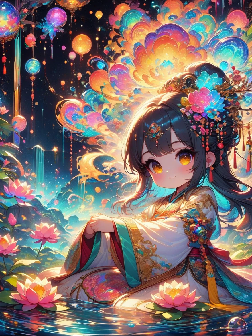 top quality,masterpiece:1.2,detailed details,Flashing Hanfu girl,beautiful young goddess,smile softly,She clasped her hands together,Prayer and meditation,She is wearing a white dress,Stars twinkling in the blue night sky,you sit on a lotus,In a fantastic atmosphere,Feel as if you are one with the universe,actual,neon lights,(Liquid light background),(Cowboy shooting:1.9),(ultra high definition, masterpiece, precise, anatomically correct, textured skin, Super details, high detail, Award-winning, best quality, 8K)