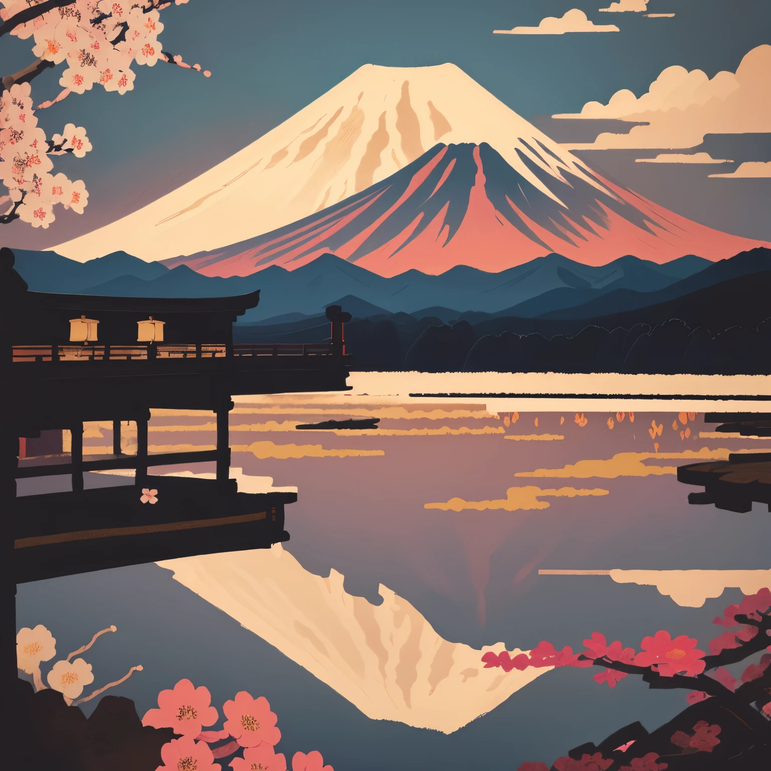 Art vintage japonais, art vectoriel, art plat:1,4. \\ (style japonais , fleurs , best quality, Art officiel, Beaucoup de couleurs, couleurs du japon, ukiyo-e, couleurs, printemps , nuages, mont fuji ,: 1.2