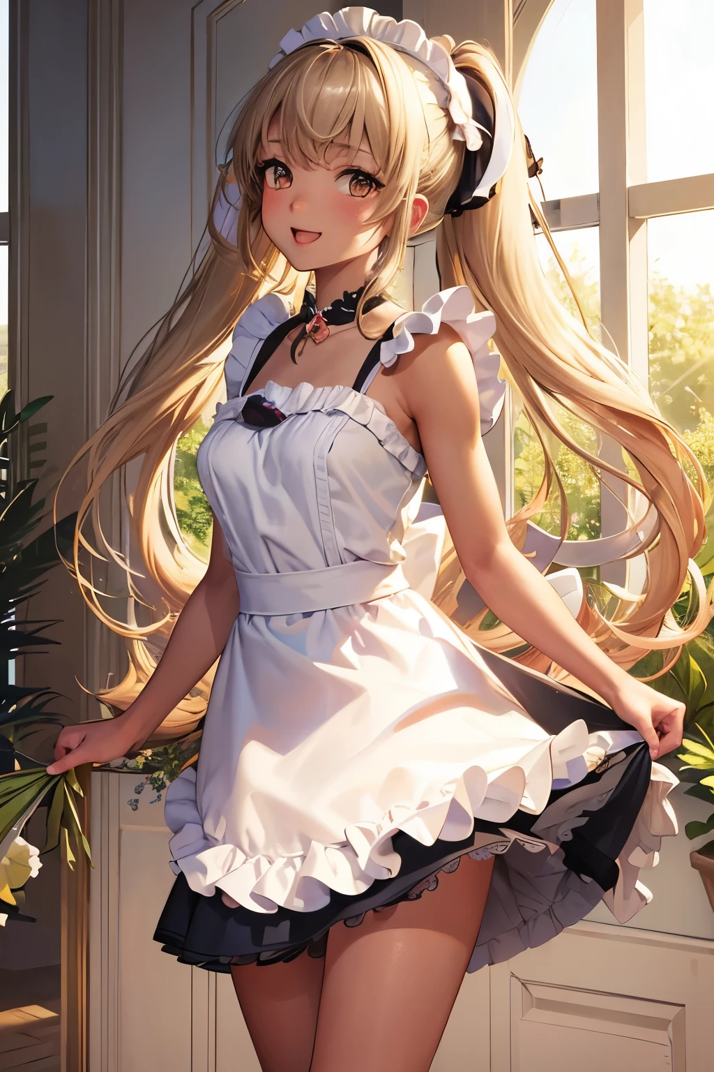 (masterpiece), (best quality), (ultra-detailed),(best shadow:0.4), (best illustration), (an extremely delicate and beautiful), photorealistic, dramatic lighting, finely detail, 1girl, solo, (shioi:1.5), (shioichan:1.5), the l word, radiant beach, detailed scenery, blue sky, white cloud, sunlight, diffraction spikes, walking, (white camisole:1.22), white skirt, (finely detailed iris), smile, :d, short ponytail, (dark skin:0.3), (tanlines:1.3), feet out of frame, holding bouquet, holding, dark brown eyes,((( petitegirl with blonde twin tail,　colorful gosic maid dress))),