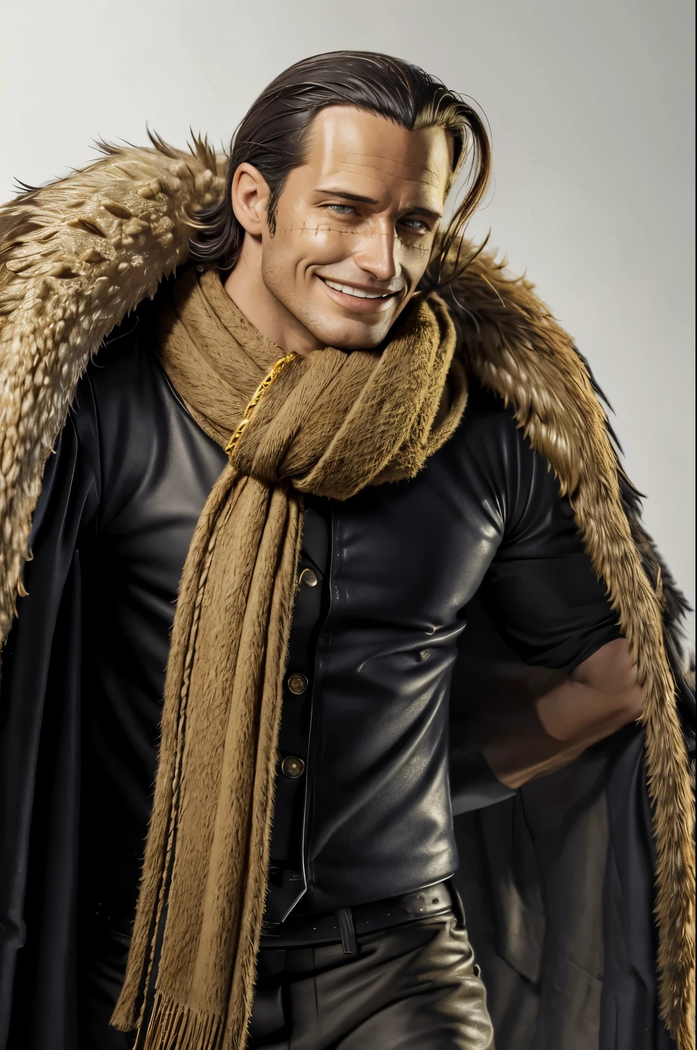 masterpiece, best quality, extremely detailed, hyperrealistic, photorealistic, a cool 40s man, ultra detailed face:1.2, fur-trimmed coat, scarf around the neck, his left hand is a golden pirate hook:1.1, sly smile, white background
