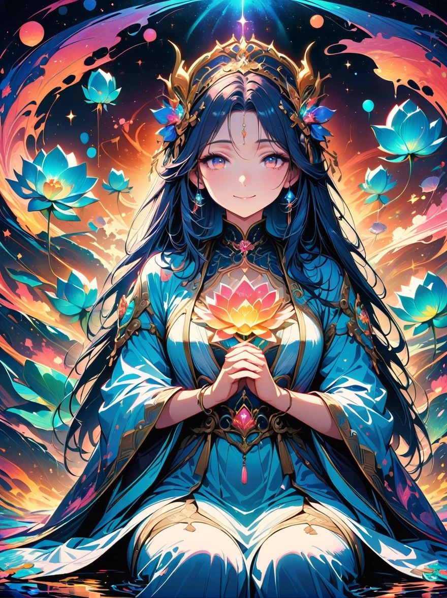 top quality，masterpiece：1.2，detailed details，Flashing Hanfu girl，beautiful young goddess，smile softly，She clasped her hands together，Prayer and meditation，She is wearing a white dress，Stars twinkling in the blue night sky，you sit on a lotus，In a fantastic atmosphere，Feel as if you are one with the universe，actual，neon lights，(Liquid light background)，(Cowboy shooting:1.9)，(ultra high definition, masterpiece, precise, anatomically correct, textured skin, Super details, high detail, Award-winning, best quality, 8K)