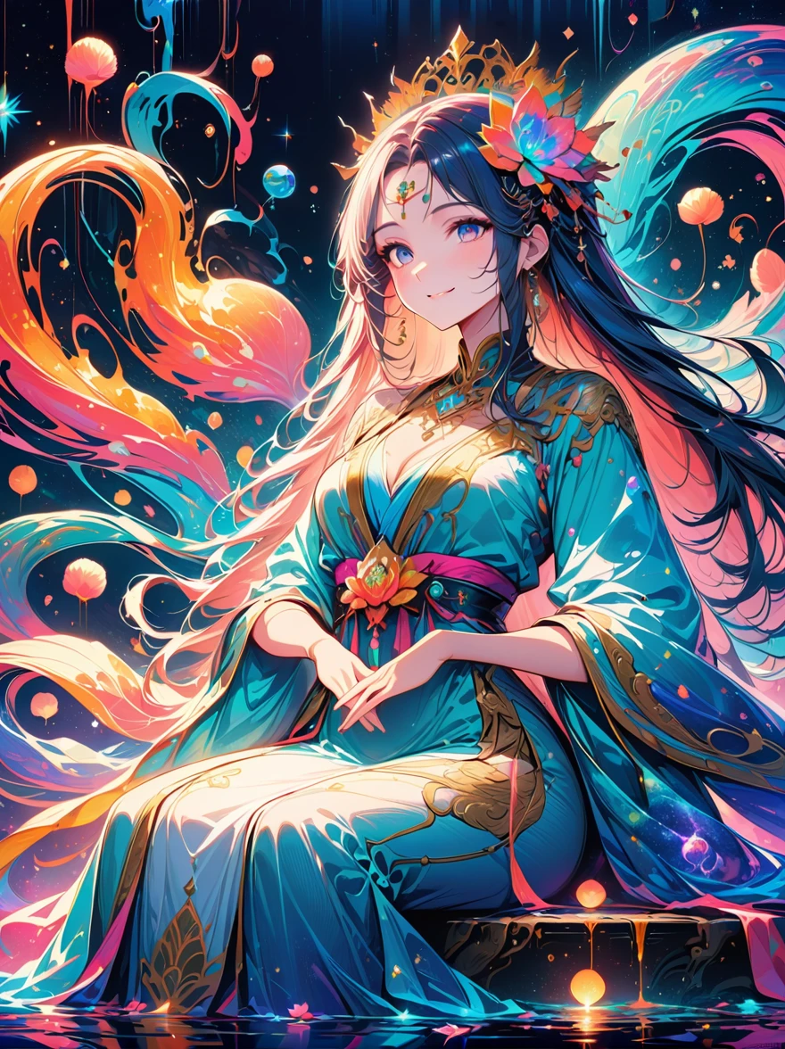 top quality，masterpiece：1.2，detailed details，Flashing Hanfu girl，beautiful young goddess，smile softly，She clasped her hands together，Prayer and meditation，She is wearing a white dress，Stars twinkling in the blue night sky，you sit on a lotus，In a fantastic atmosphere，Feel as if you are one with the universe，actual，neon lights，(Liquid light background)，(Cowboy shooting:1.9)，(ultra high definition, masterpiece, precise, anatomically correct, textured skin, Super details, high detail, Award-winning, best quality, 8K)