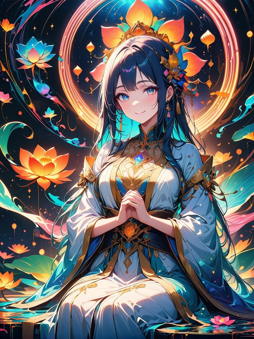 top quality，masterpiece：1.2，detailed details，Flashing Hanfu girl，beautiful young goddess，smile softly，She clasped her hands together，Prayer and meditation，She is wearing a white dress，Stars twinkling in the blue night sky，you sit on a lotus，In a fantastic atmosphere，Feel as if you are one with the universe，actual，neon lights，(Liquid light background)，(Cowboy shooting:1.9)，(ultra high definition, masterpiece, precise, anatomically correct, textured skin, Super details, high detail, Award-winning, best quality, 8K)