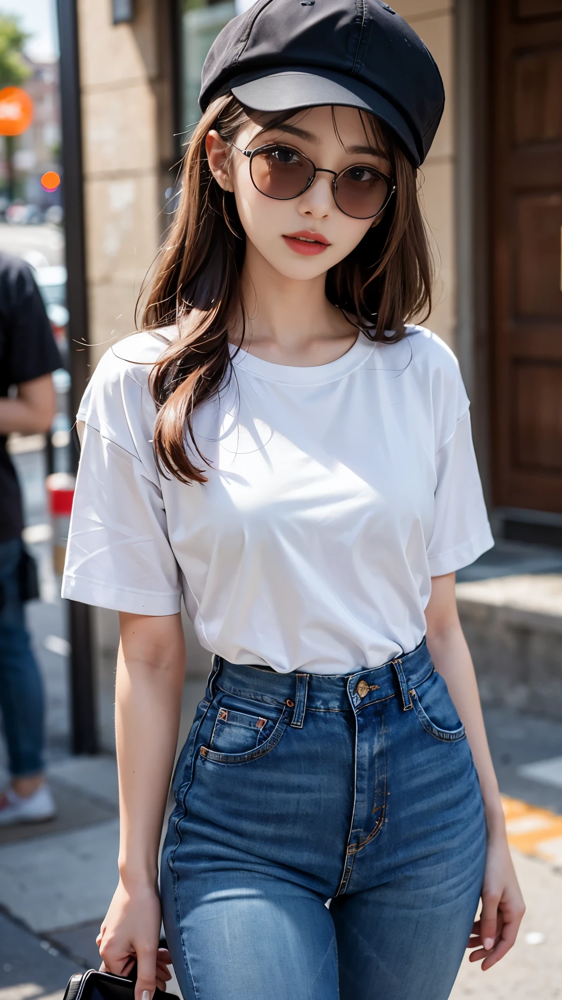 (best quality:1.2,4k ultra hd:1.2), a girl, beautiful face, full and glossy lips, long flowing hair, perfectly straightened, small breasts, (black t-shirt), (opened shirt:1.5), jeans, complete with a cap, sparkling sunglasses, capturing her character and charm, with a blurred background enhancing the relaxed atmosphere, showcasing her confidence and elegance,