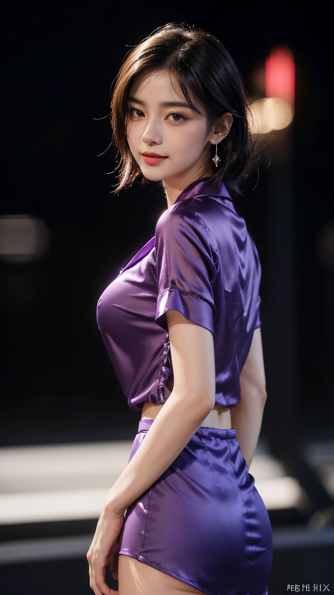 8k, masterpiece, RAW photo, best quality, photorealistic, extremely detailed CG unity 8k wallpaper, Depth of field, Cinematic Light, Lens Flare, Ray tracing, (extremely beautiful face, beautiful lips, beautiful eyes), intricate detail face, ((ultra detailed skin)) 1girl, in the dark, deep shadow, pretty korean girl, kpop idol,(very slim slender fit-muscled body:1.3), ((looking at viewer)),(big smile:1.3), (night, (neon sign), (blurry background), midnight, (without people in the background:1.3), pretty korean girl, white diamond earrings, bracelets, necklace, clear eyes, standing , front shot, Standing in front of neon Lights, (pale skin), (big eyes), full body shot, ((see through blouse)), (hot satin purple color blouse)), ((purple satin laced skirt)), (looking at viewer:1.3), very slim, breast, super round big breasts under the dress, Hermes bag, mini skirt, updo hair, short hair, front face shot, ((Face Shot)), 4 Different poses, sexy angles, medium butts