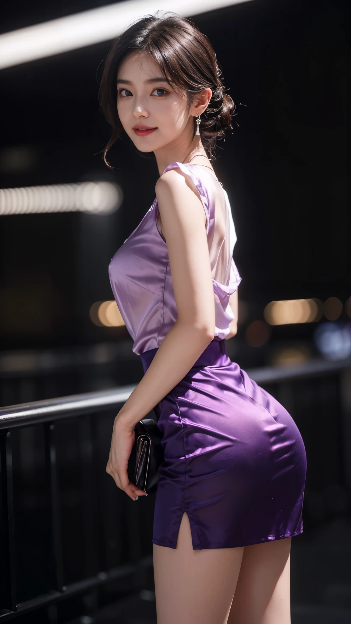 8k, masterpiece, RAW photo, best quality, photorealistic, extremely detailed CG unity 8k wallpaper, Depth of field, Cinematic Light, Lens Flare, Ray tracing, (extremely beautiful face, beautiful lips, beautiful eyes), intricate detail face, ((ultra detailed skin)) 1girl, in the dark, deep shadow, pretty korean girl, kpop idol,(very slim slender fit-muscled body:1.3), ((looking at viewer)),(big smile:1.3), (night, (neon sign), (blurry background), midnight, (without people in the background:1.3), pretty korean girl, white diamond earrings, bracelets, necklace, clear eyes, walking , front shot, Standing in front of neon Lights, (pale skin), (big eyes), full body shot, ((see through blouse)), (hot satin purple color blouse)), ((purple satin laced skirt)), (looking at viewer:1.3), very slim, breast, super round big breasts under the dress, Hermes bag, mini skirt, updo hair, short hair, front face shot, ((Face Shot)), medium butts