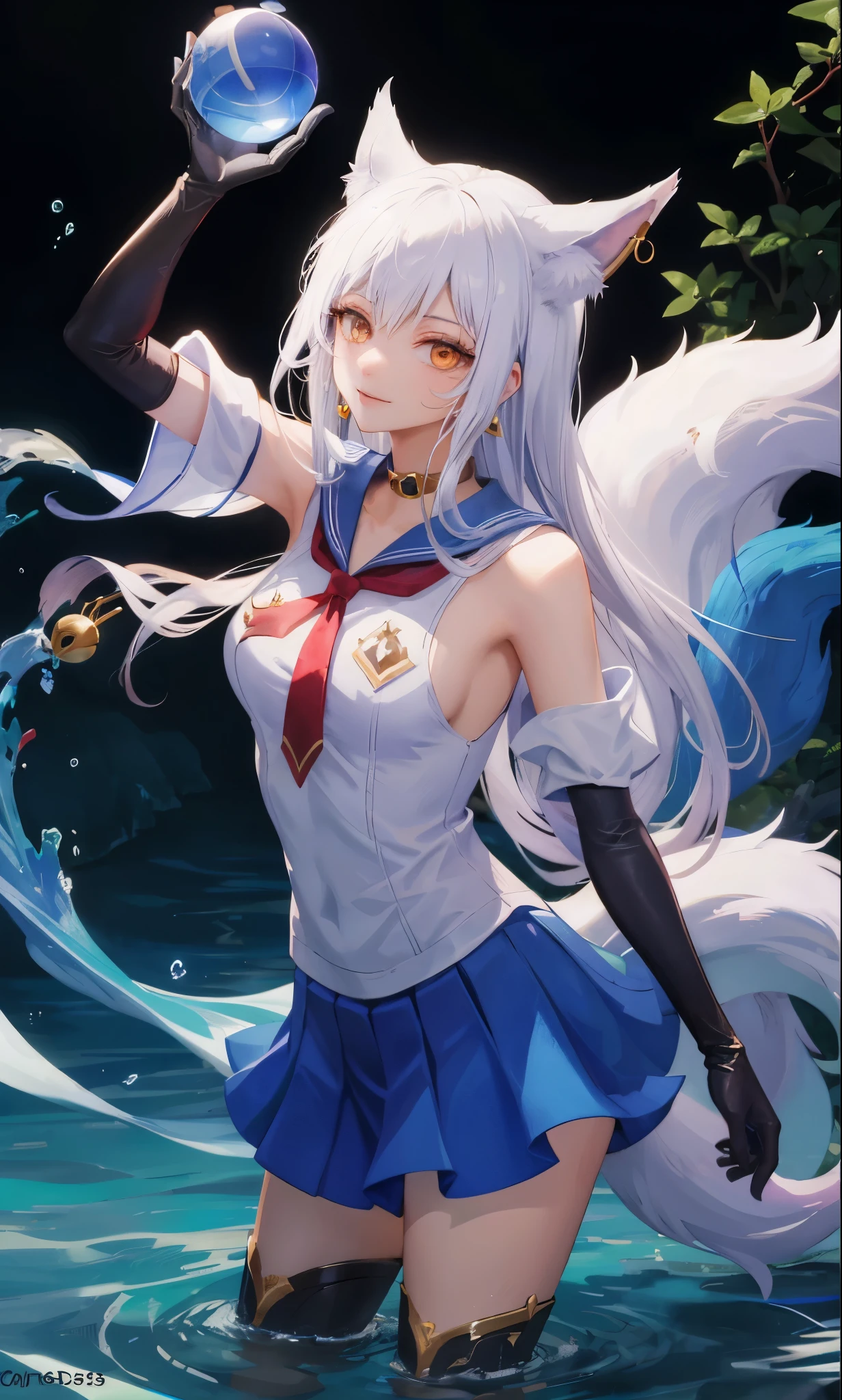 masterpiece, best quality, high resolution, More 1, crown, Sailor Senji, Blue sailor collar, bow, knee high boots, collar, White gloves, blue collar, elbow gloves, jewelry, earrings, blue skirt, Cowboy shooting, sphere, crystal ball, 1girl water yushu water,Ahri, Ahri \(League of Legends\), k/and \(League of Legends\), bloom \(League of Legends\)，Animal ears, facial markings, fox ears, fox Tail, orange eyes, multiple Tails, Tail