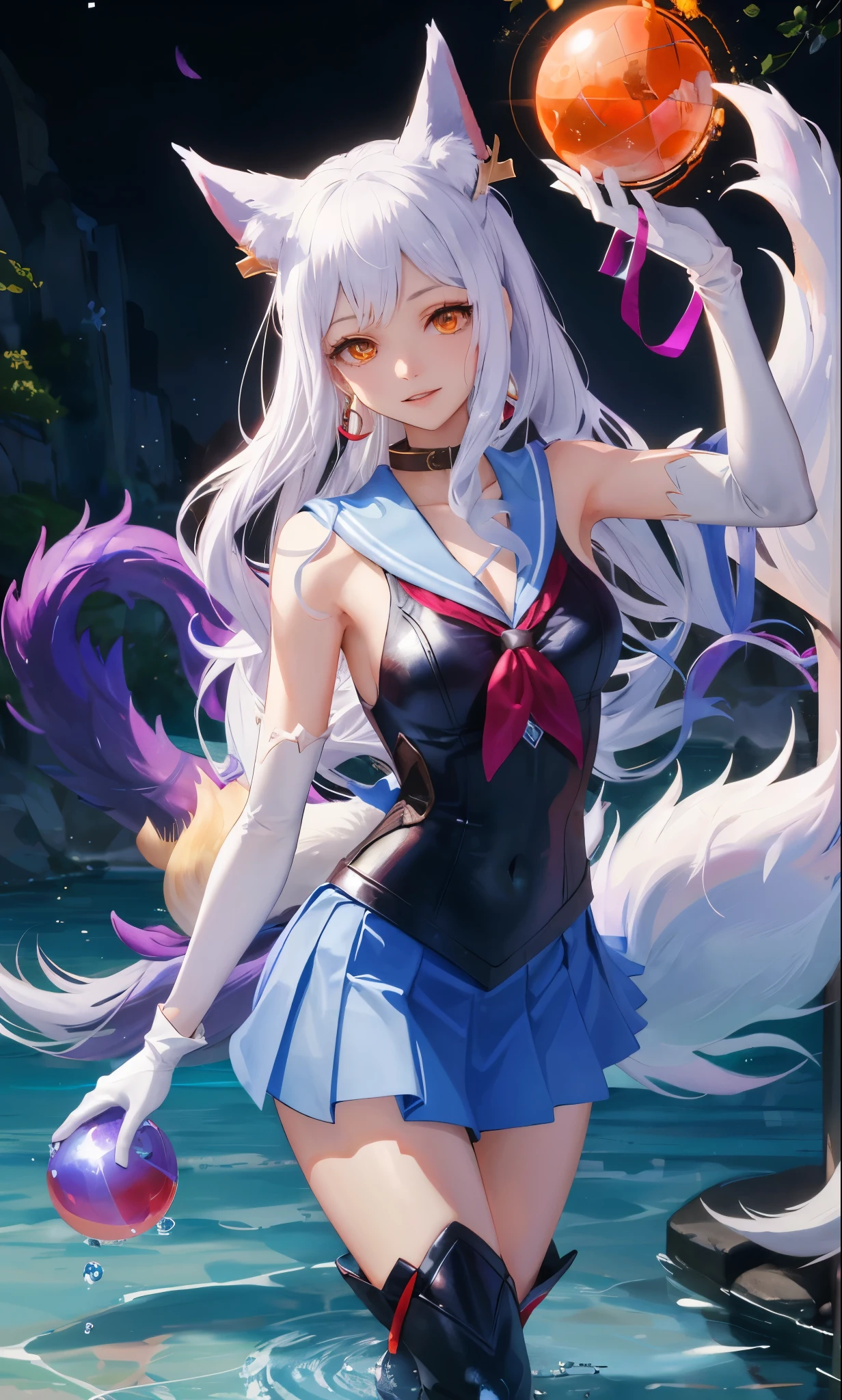 masterpiece, best quality, high resolution, More 1, crown, Sailor Senji, Blue sailor collar, bow, knee high boots, collar, White gloves, blue collar, elbow gloves, jewelry, earrings, blue skirt, Cowboy shooting, sphere, crystal ball, 1girl water yushu water,Ahri, Ahri \(League of Legends\), k/and \(League of Legends\), bloom \(League of Legends\)，Animal ears, facial markings, fox ears, fox Tail, orange eyes, multiple Tails, Tail