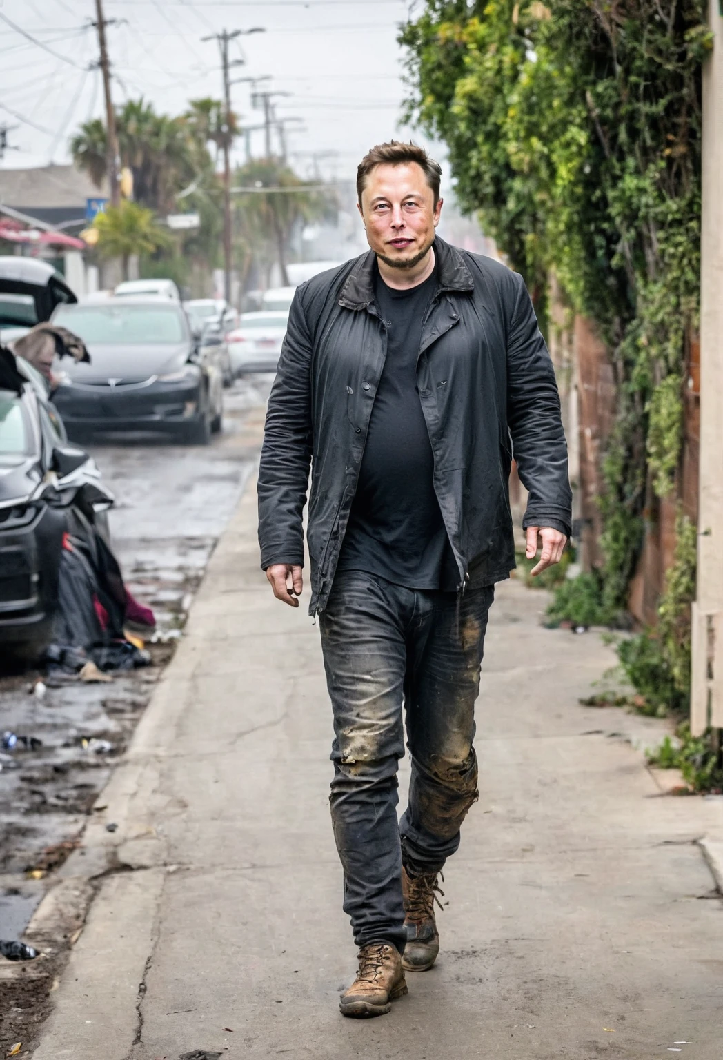 elon musk, wearing homeless clothes, full body shot, dirty, walking around  on a street