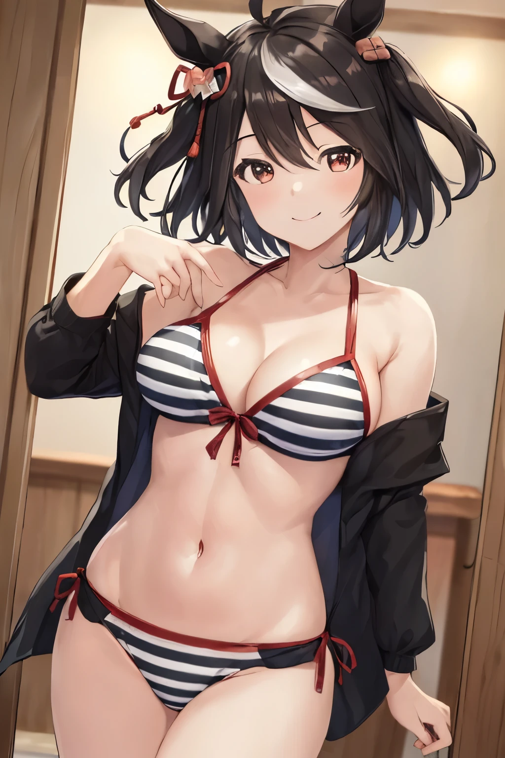 ((masterpiece,highest quality)), disorganized, Kitasan_black_Umamusume,   animal ears, short hair, striped hair, hair ornaments, medium breasts, horse tail, cleavage, , shimenawa, swimsuit,  alone, smile, looking at the viewer, cowboy shot, whole body, belly button, side