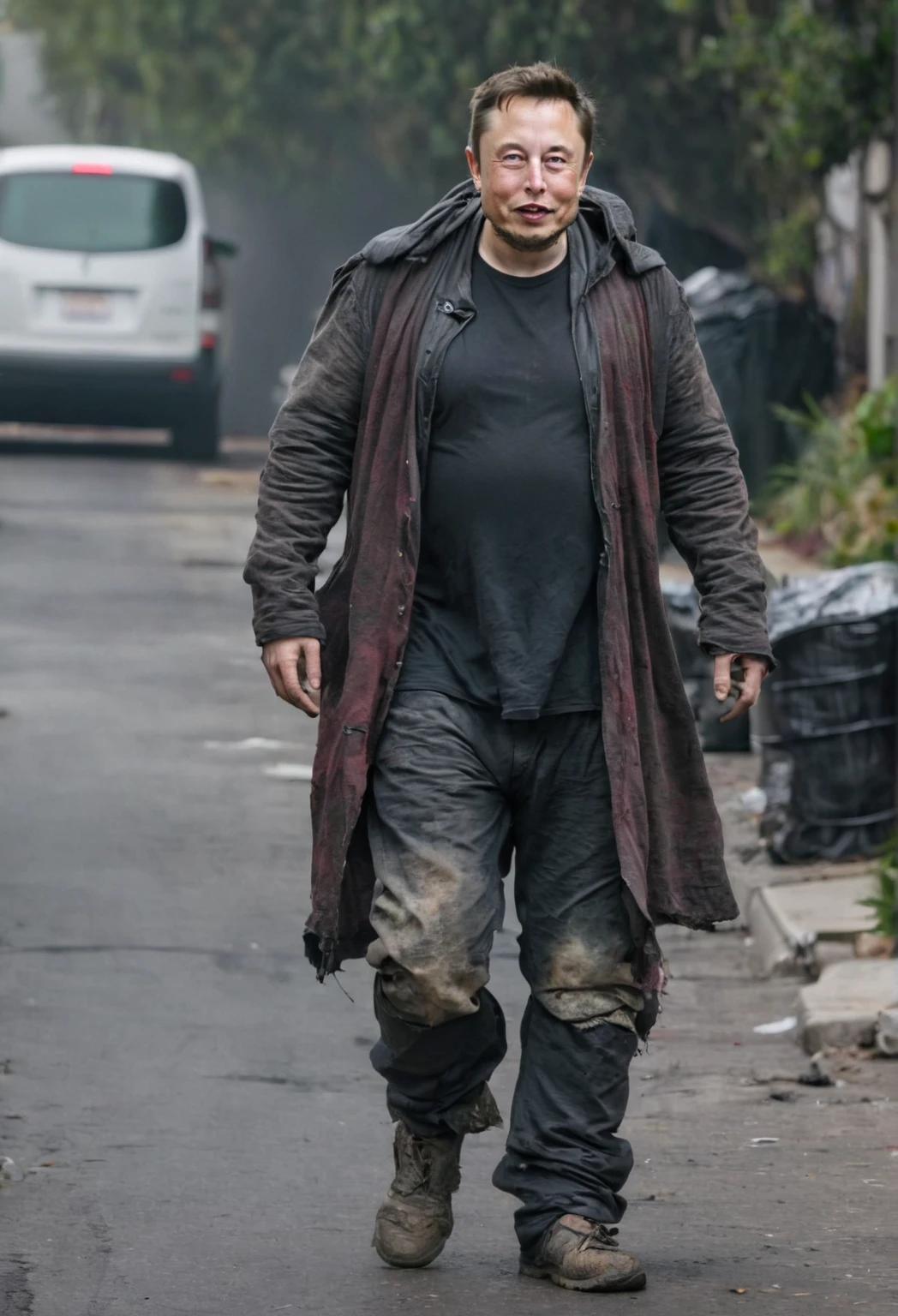 elon musk, wearing homeless clothes, full body shot, dirty, walking around on a street