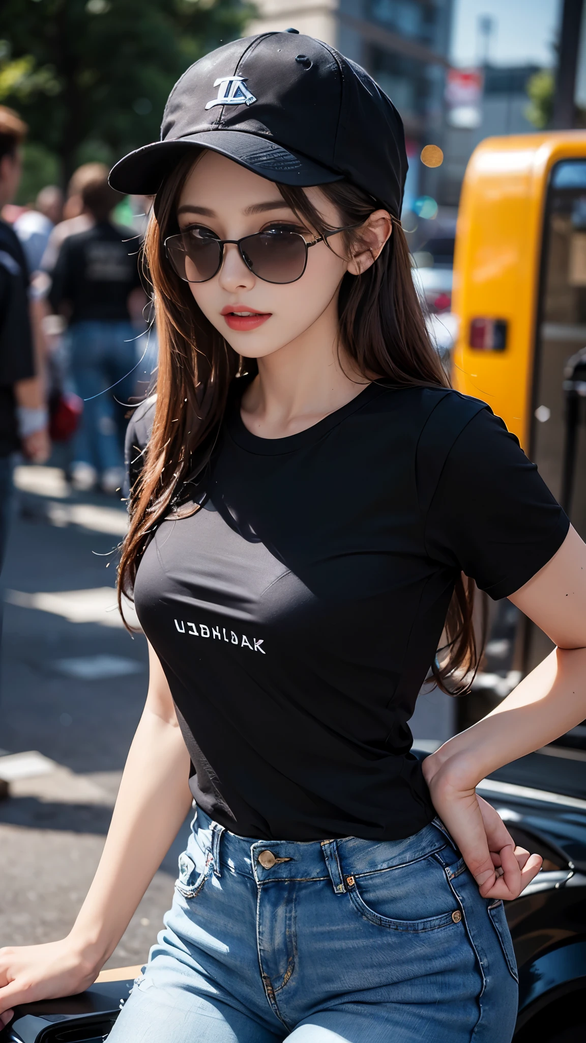 (best quality:1.2,4k ultra hd:1.2), a girl, beautiful face, full and glossy lips, long flowing hair, perfectly straightened, small breasts, (black t-shirt:1.5), (opened shirt:1), jeans, complete with a cap, sparkling sunglasses, capturing her character and charm, with a blurred background enhancing the relaxed atmosphere, showcasing her confidence and elegance,