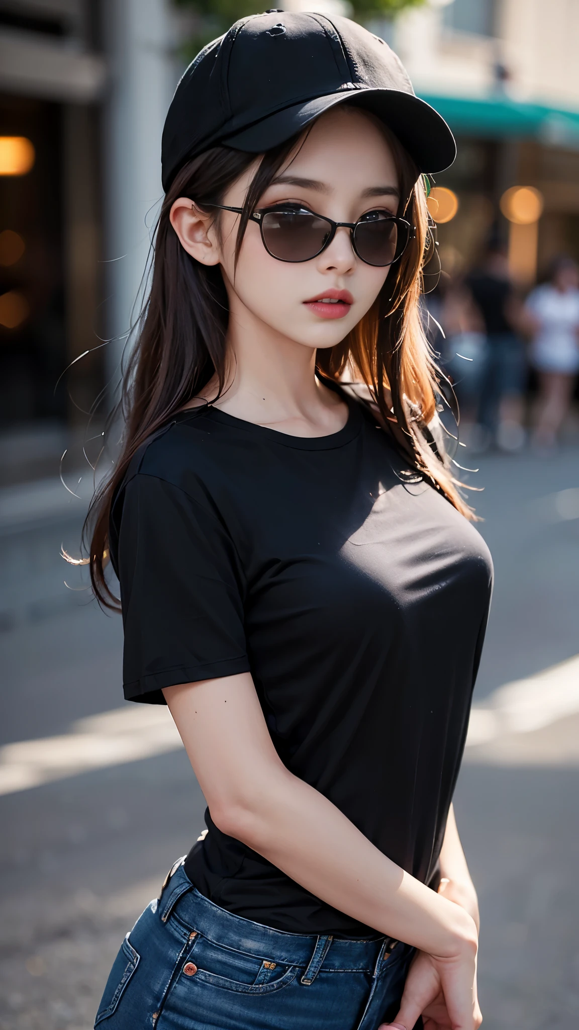 (best quality:1.2,4k ultra hd:1.2), a girl, beautiful face, full and glossy lips, long flowing hair, perfectly straightened, small breasts, (black t-shirt:1.5), (opened shirt:1), jeans, complete with a cap, sparkling sunglasses, capturing her character and charm, with a blurred background enhancing the relaxed atmosphere, showcasing her confidence and elegance,