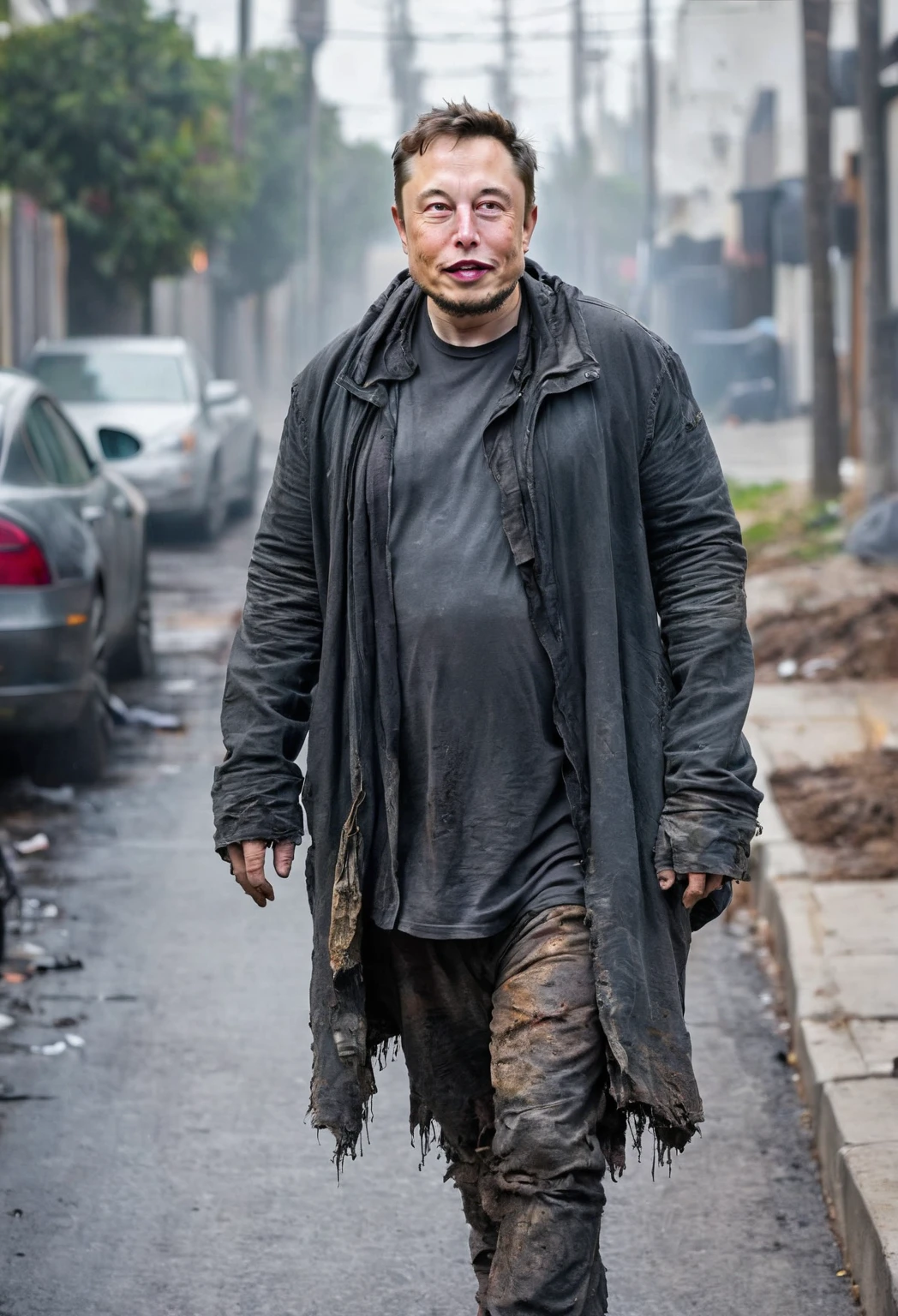 elon musk, wearing homeless clothes, full body shot, dirty, walking around  on a street