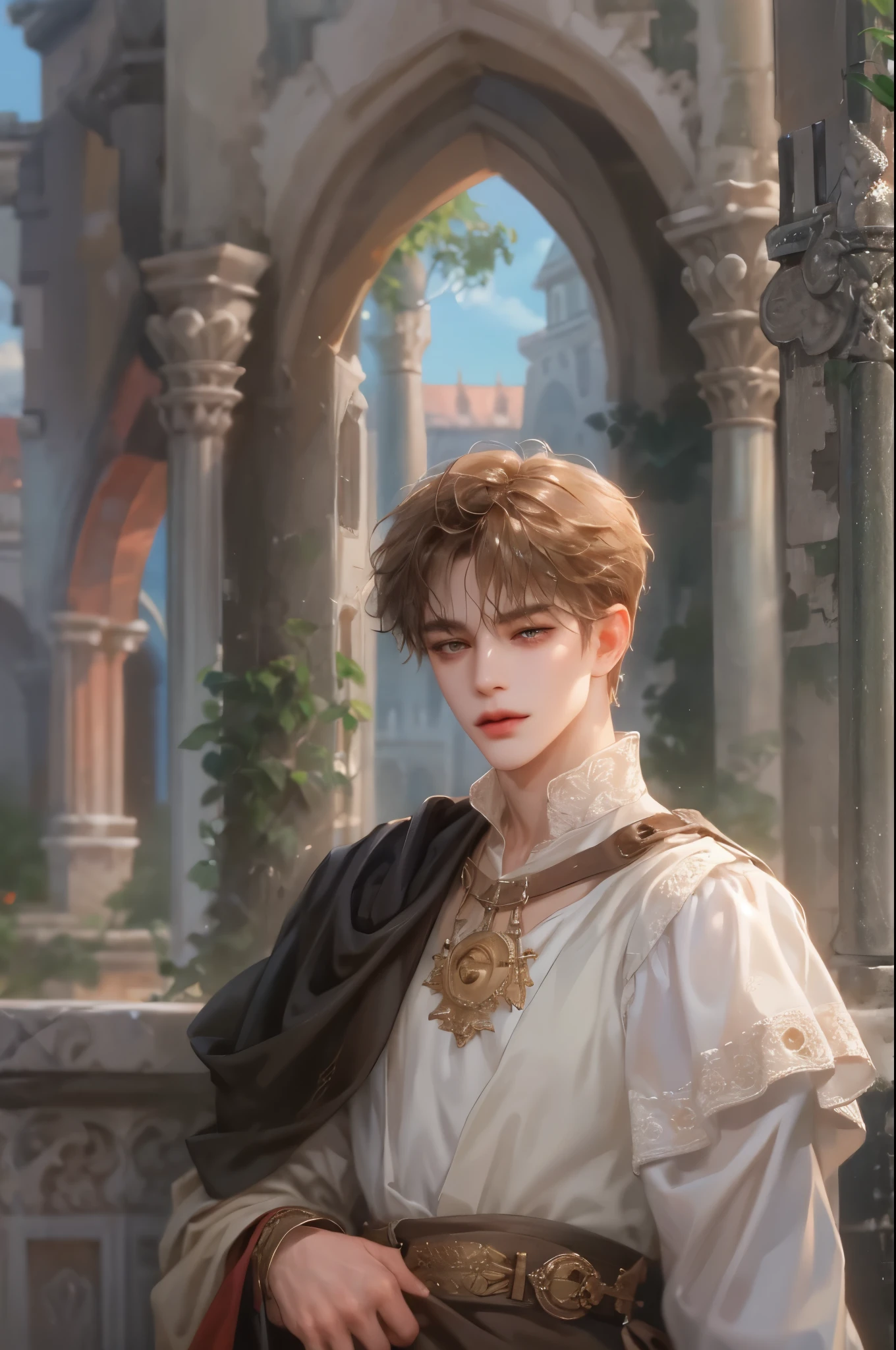 (masterpiece,best quality,ultra_detailed,highres,absurdres),1boy, perfect face, handsome, shorthair, character from romeo and juliet, detailed scenery detailed character