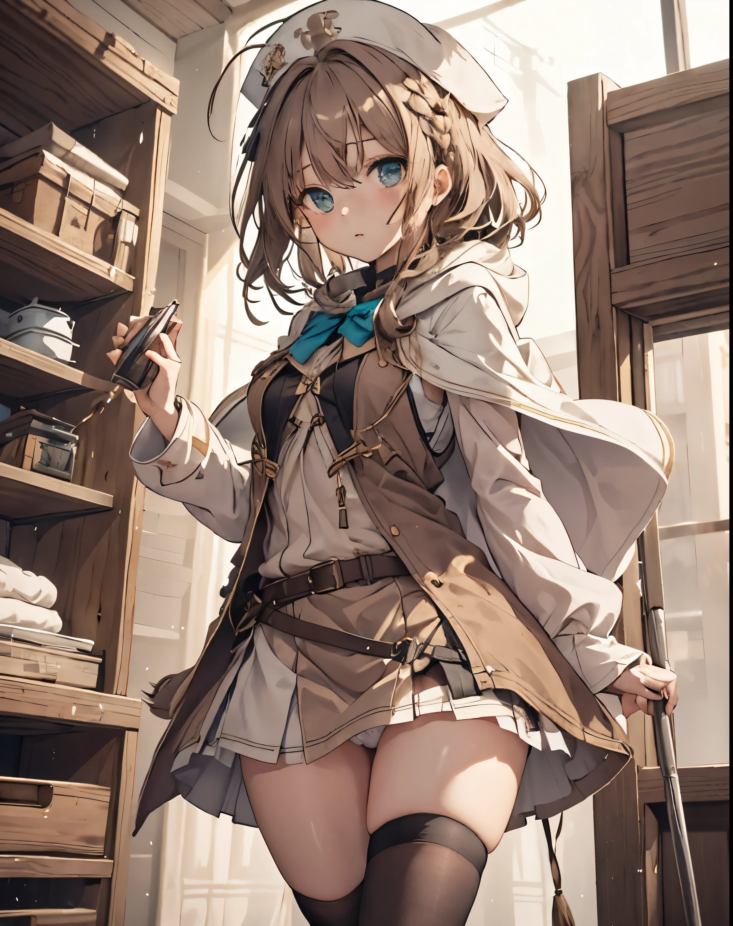 masterpiece, 1girl, sparrow, a brown haired girl, wearing a white medieval priestess clothes, curly medium hair, messy hair, slim body, wearing golden capelet with hoody, he close her left eye, shirt ornament, aqua eyes, sho show her back, ahoge, black vest, baby face, medium breast, beautiful breasts, rounded breasts, braid hair, white nurse cap, long sleeves, beautiful eyes, white stocking, droopy eyes, miniskirt, brown skirt, plaid skirt, she is piss on the bed, she expose her pantsu, her age is 15 years old