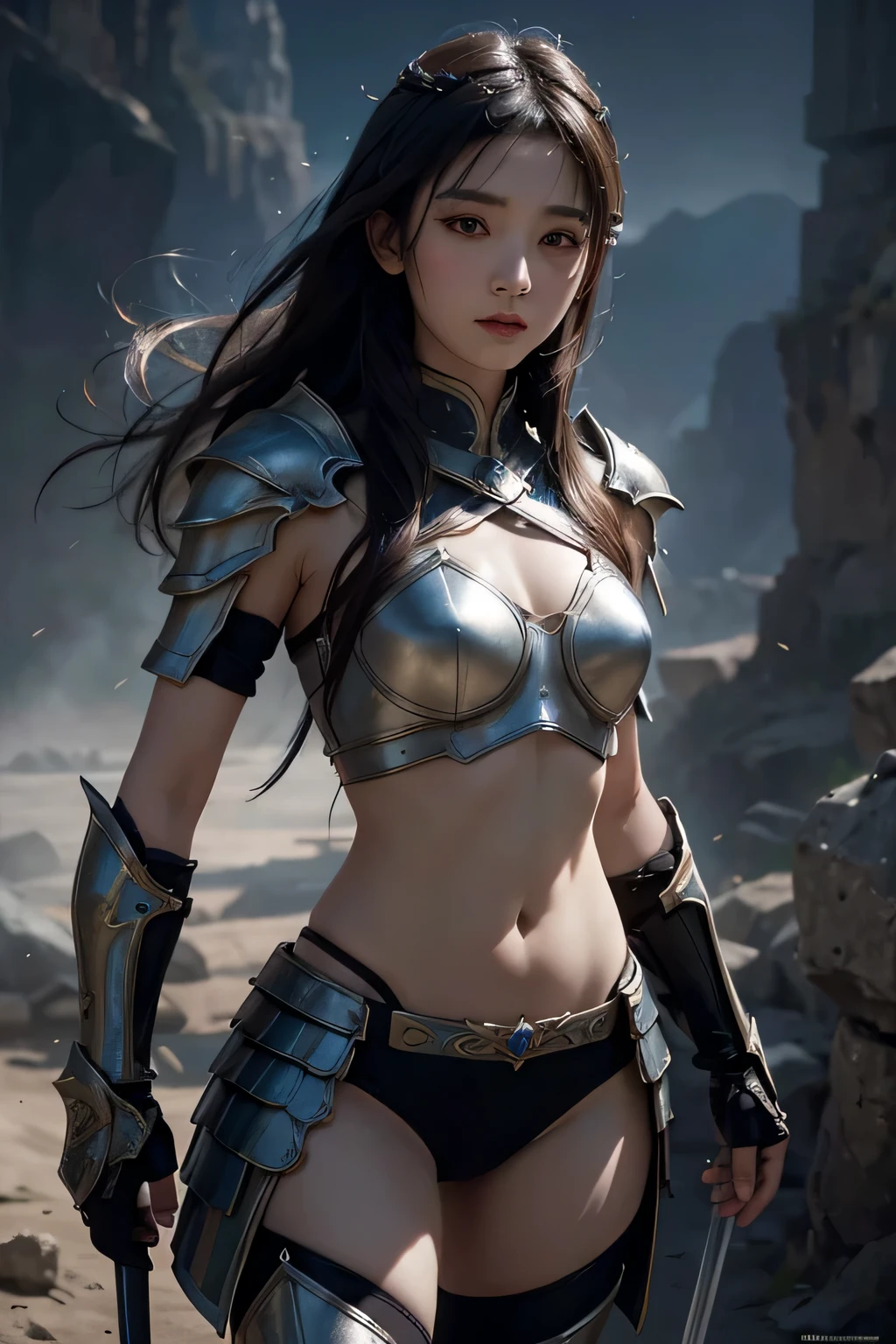 4K, fantasy art, asian girl,knights armor,Navel exposed,Photorealistic, dynamic lighting, art station, poster, Volumetric lighting, Very detailed faces,Standing posture