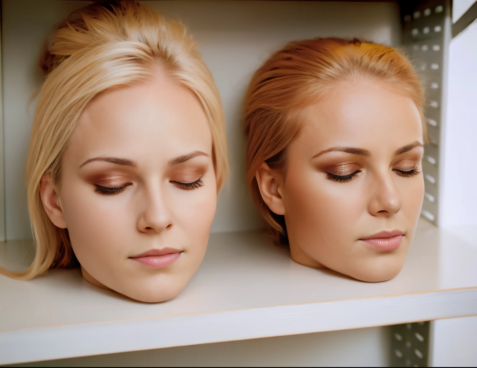 ((disembodied head on shelf)), detailed skin texture, Une photographie d&#39;A female woman with a face, eyes closed