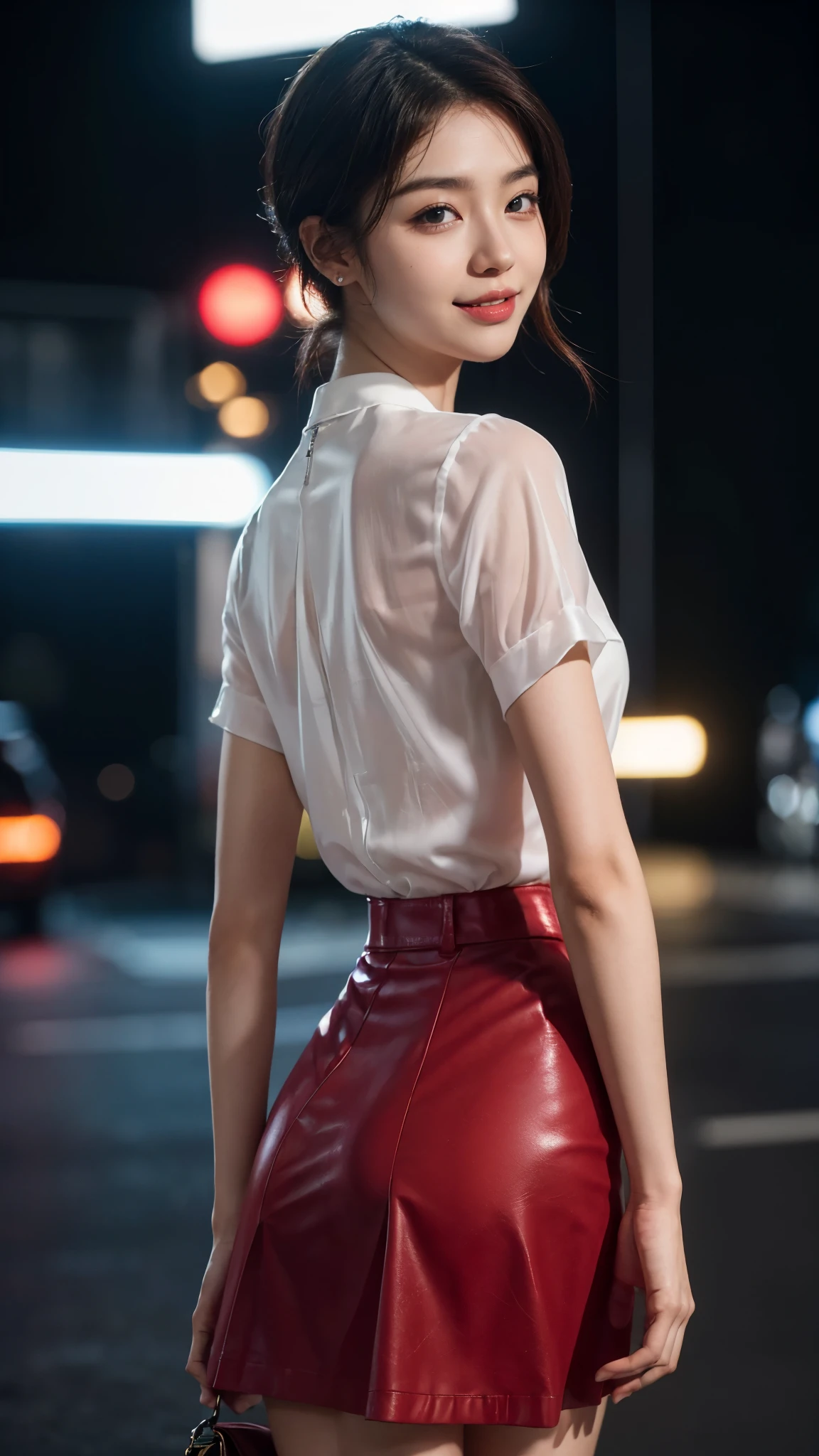 8k, masterpiece, RAW photo, best quality, photorealistic, extremely detailed CG unity 8k wallpaper, Depth of field, Cinematic Light, Lens Flare, Ray tracing, (extremely beautiful face, beautiful lips, beautiful eyes), intricate detail face, ((ultra detailed skin)) 1girl, in the dark, deep shadow, pretty korean girl, kpop idol,(very slim slender fit-muscled body:1.3), ((looking at viewer)),(big smile:1.3), (night, (neon sign), (blurry background), midnight, (without people in the background:1.3), pretty korean girl, white diamond earrings, bracelets, necklace, clear eyes, walking , front shot, (pale skin), face forward, (big eyes), full body shot, ((see through blouse)), (hot purple color blouse)), (( Red laced skirt)), (looking at viewer:1.3), very slim, medium breasts, Hermes bag, mini skirt, updo hair, short hair, turning back, (back shot), medium butts