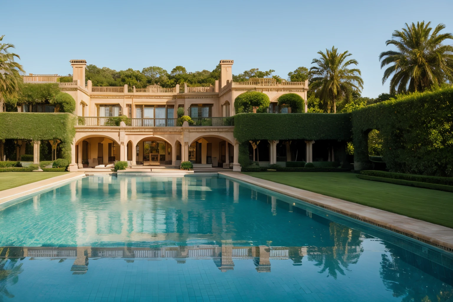 (Masterpiece: 1.1), Panoramic view of a grand estate, (multiple mansions with swimming pools together), Golden hour lighting, (luxurious and elegant), Large expansive property, Manicured gardens, Stunning architecture, Intricate details, Sparkling blue pools, Reflective pool surfaces, (High definition, Ultra detailed: 1.3), Perfect symmetry, Lush greenery, (Expensive, high budget), Rows of palm trees, Terracotta roofs, Wealthy mansion complex, (Warm colors, muted: 0.8), Sublime tranquility, Serene atmosphere, Elite neighborhood, (B
