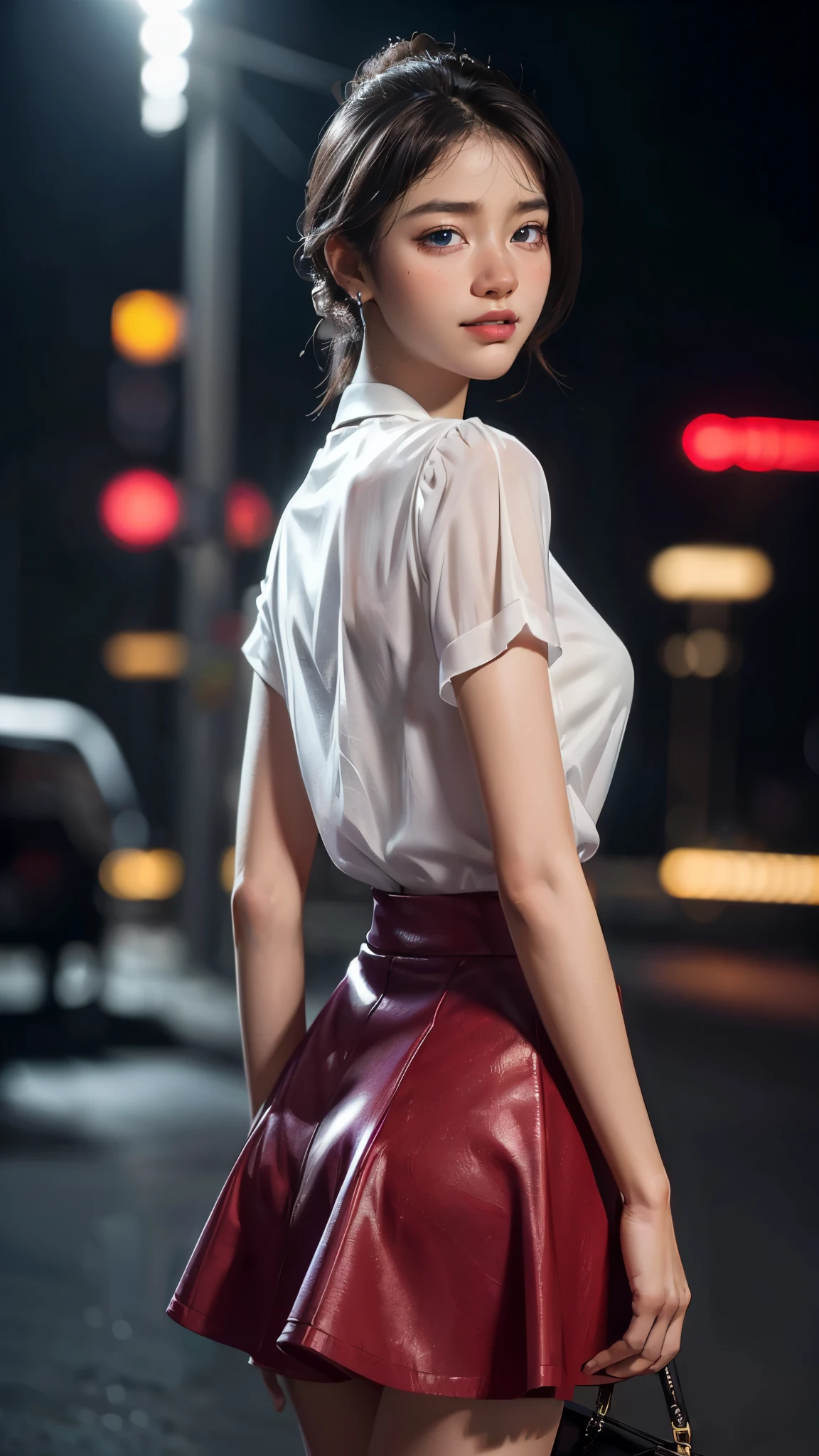 8k, masterpiece, RAW photo, best quality, photorealistic, extremely detailed CG unity 8k wallpaper, Depth of field, Cinematic Light, Lens Flare, Ray tracing, (extremely beautiful face, beautiful lips, beautiful eyes), intricate detail face, ((ultra detailed skin)) 1girl, in the dark, deep shadow, pretty korean girl, kpop idol,(very slim slender fit-muscled body:1.3), ((looking at viewer)),(big smile:1.3), (night, (neon sign), (blurry background), midnight, (without people in the background:1.3), pretty korean girl, white diamond earrings, bracelets, necklace, clear eyes, walking , front shot, (pale skin), face forward, (big eyes), full body shot, ((see through blouse)), (hot purple color blouse)), (( Red laced skirt)), (looking at viewer:1.3), very slim, medium breasts, Hermes bag, mini skirt, updo hair, short hair, turning back, (back shot), medium butts