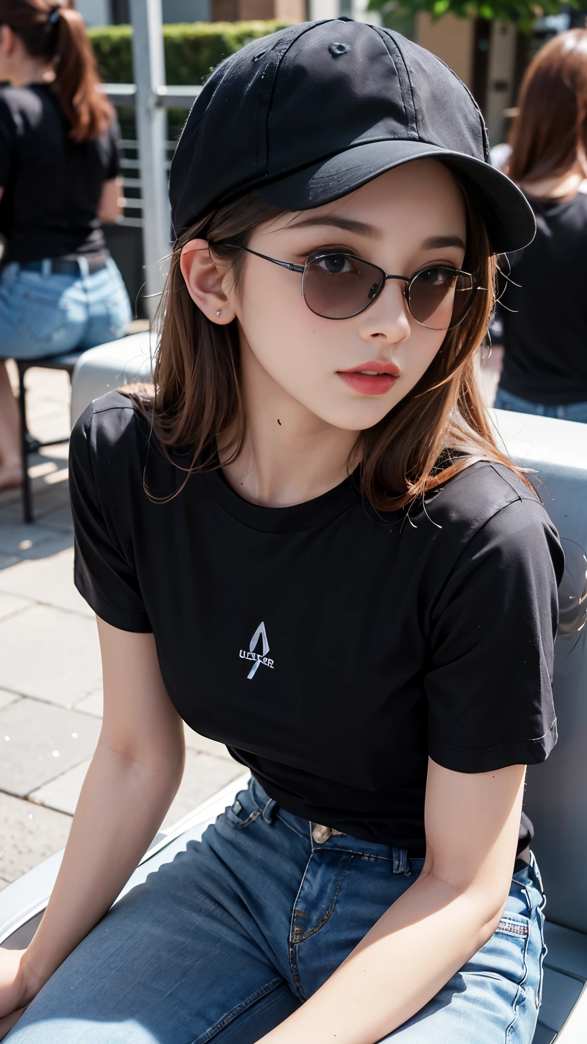 (best quality:1.2,4k ultra hd:1.2), a girl, beautiful face, full and glossy lips, long flowing hair, perfectly straightened, small breasts, (black t-shirt:1.5), jeans, complete with a cap, sparkling sunglasses, capturing her character and charm, with a blurred background enhancing the relaxed atmosphere, showcasing her confidence and elegance, sitting,