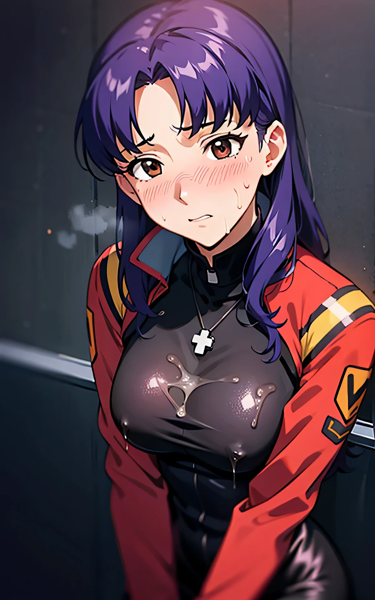 realisticlying,extremely detailed CG、high resolution、absurderes:1.8、detailed background:1.3、beautiful detailed hair、、、、1woman, attire: Black Bodycon、Red jacket,、middlebreast、 short black tight dress, (brown-eyed、Operation control room, facial:1.4, bukkake:1.4, penis, 1man), Purple hair, Medium Hair, cross necklace, slim waist、(Misato katsuragi)、(upperbody、fromside), (embarrassed、blush:1.3)、(ecstasy:1.3) ,(slut:1.2),(vulgarity:1.3),(fucked silly:1.1),(steam:1.1),(wet:0.8),,(tears:0.7)